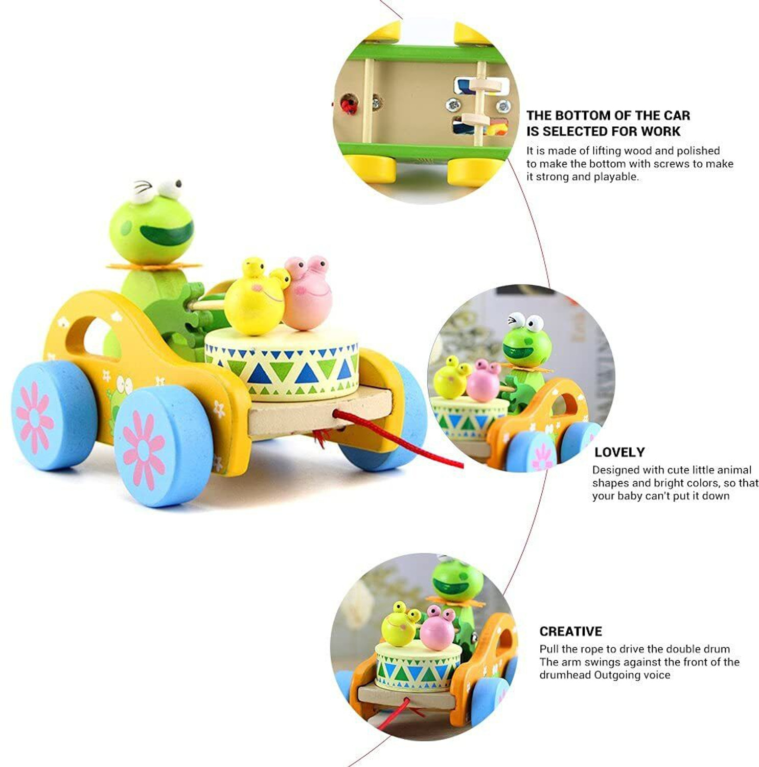 Image of Smartcraft Wooden Frog Drum Musical Pull Along Toy