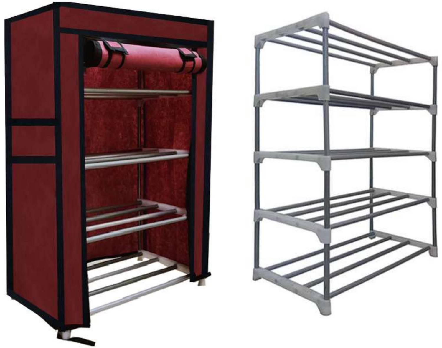 KOnline Metal 4 Tier Rack Shoe/Clothes/book stand Rack with cover -Mahroon Metal Collapsible Shoe Stand