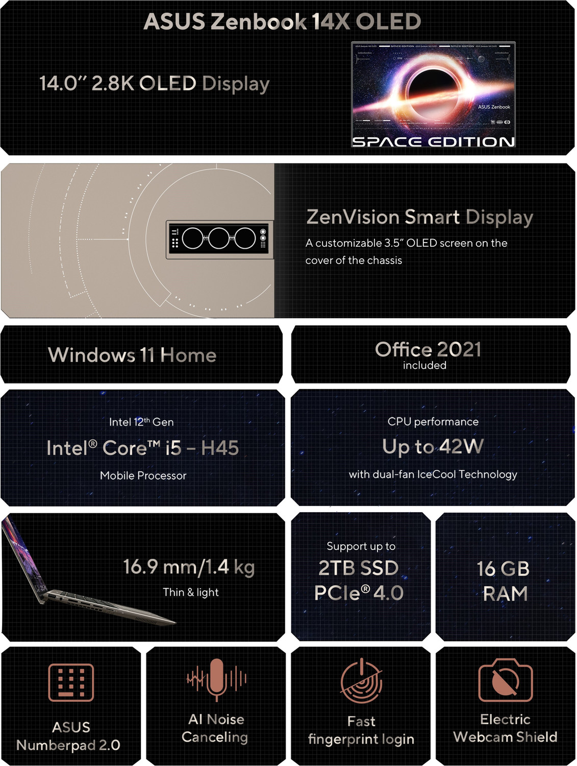 Image of ASUS Zenbook 14X OLED Space Edition Touchscreen Intel H-Series Intel Core i5 12th Gen 12500H - (16 GB /512 GB SSD /Windows 11 Home) UX5401ZAS-KN521WS Thin and Light Laptop