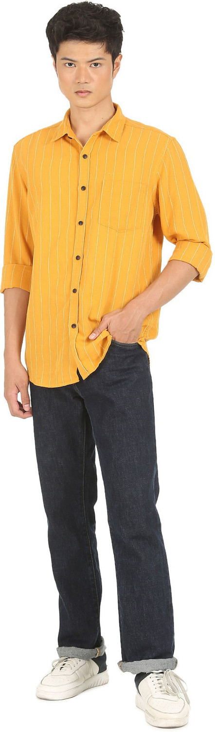 Image of FLYING MACHINE Men Striped Casual Yellow Shirt