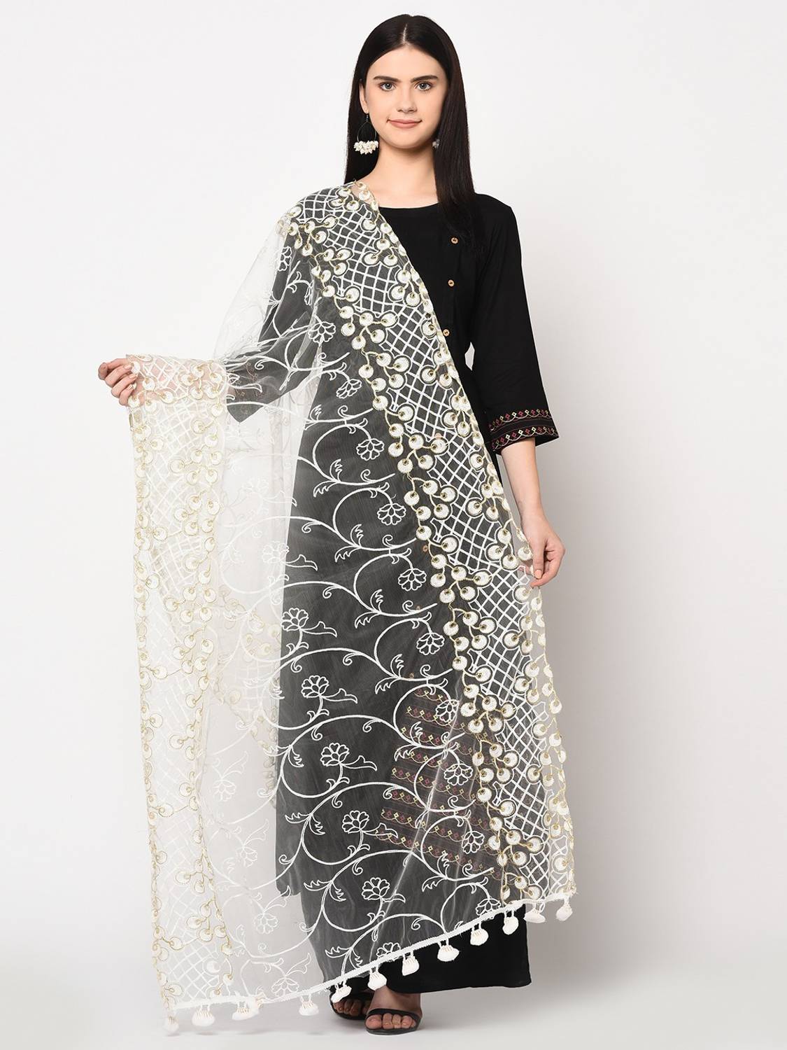 WEAVERS VILLA Net Embroidered White Women Dupatta