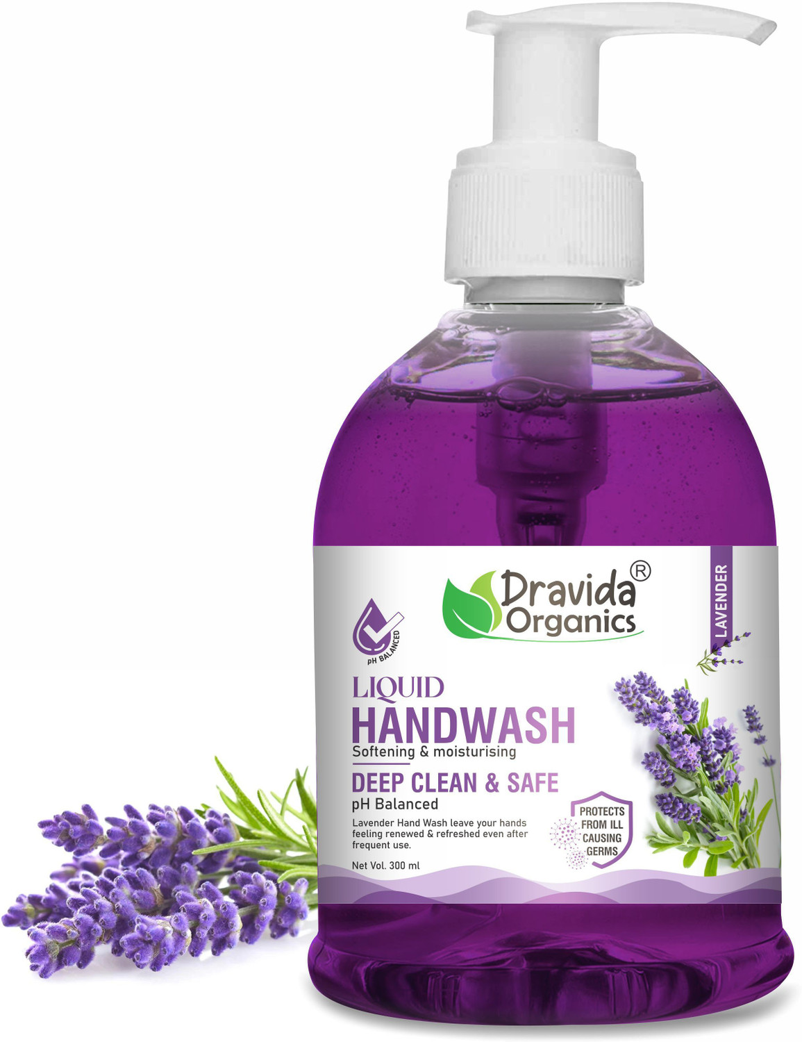 Image of Dravida Organics Lavender Hand Wash - Softening & Moisturising, Deep Clean & Safe Hand Wash Pump Dispenser