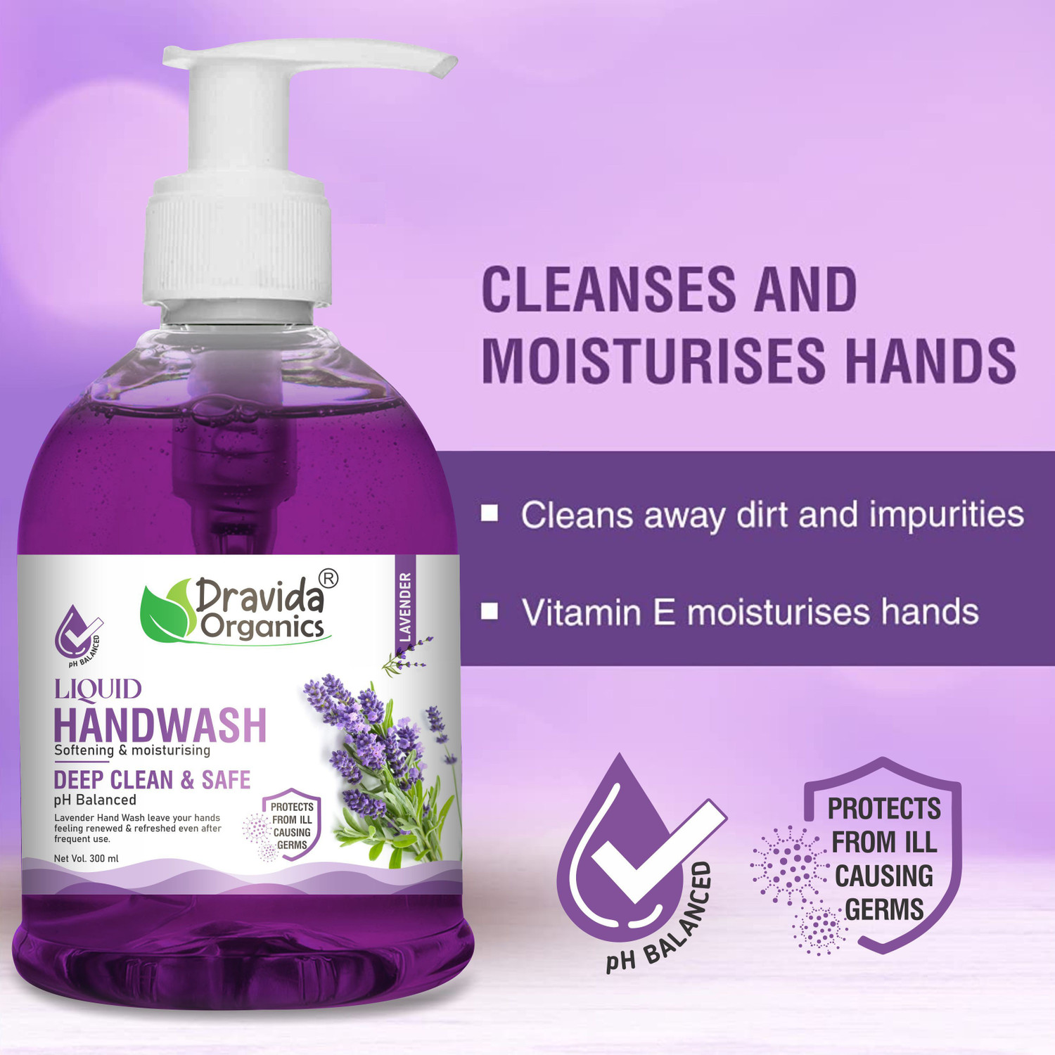 Image of Dravida Organics Lavender Hand Wash - Softening & Moisturising, Deep Clean & Safe Hand Wash Pump Dispenser