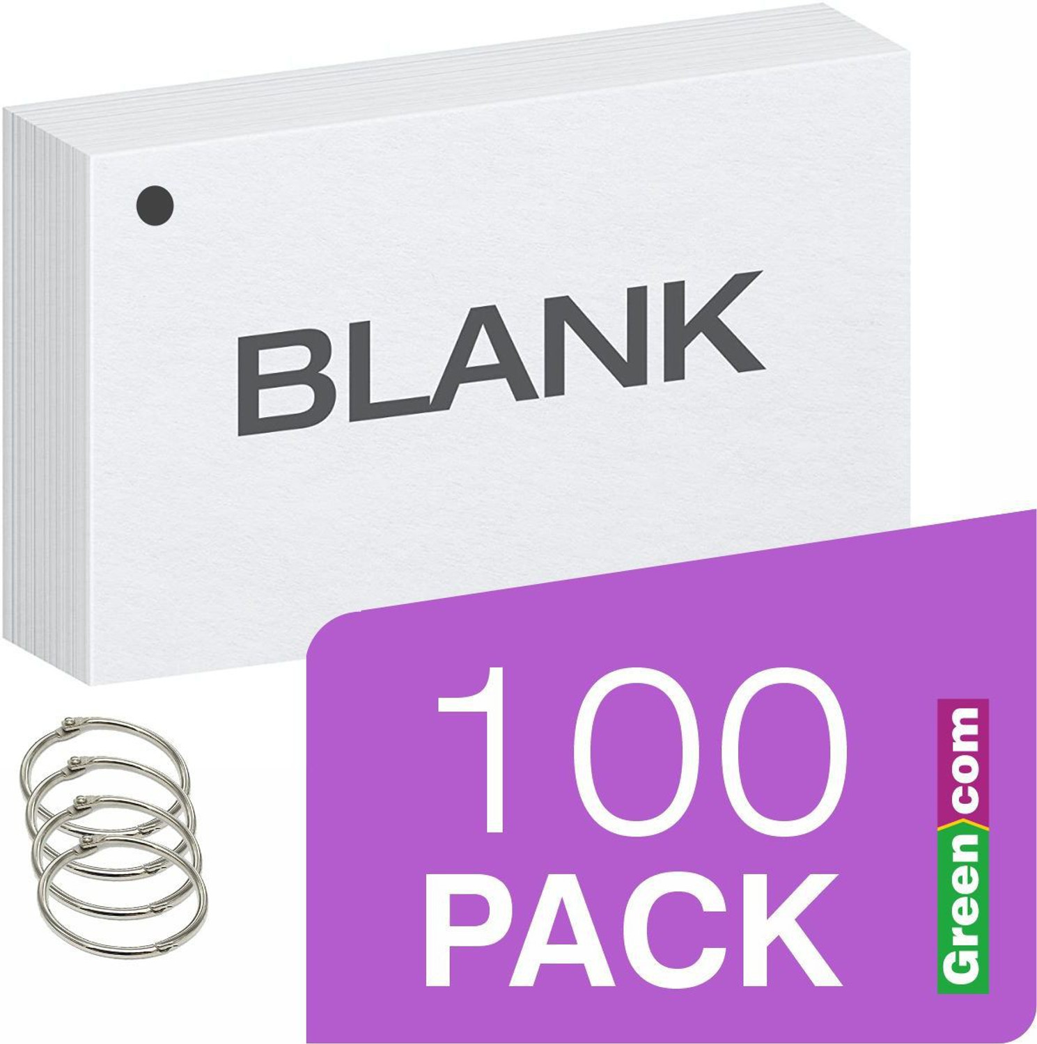 Image of greencom 500 pack Blank Index Cards, Flash cards 4 inch x 6 inch, White, 220 GSM with 10 pcs Free Binder Rings 3-Part Roomy 4 inch x 6 inch size is perfect for detailed study, presentations or lists
