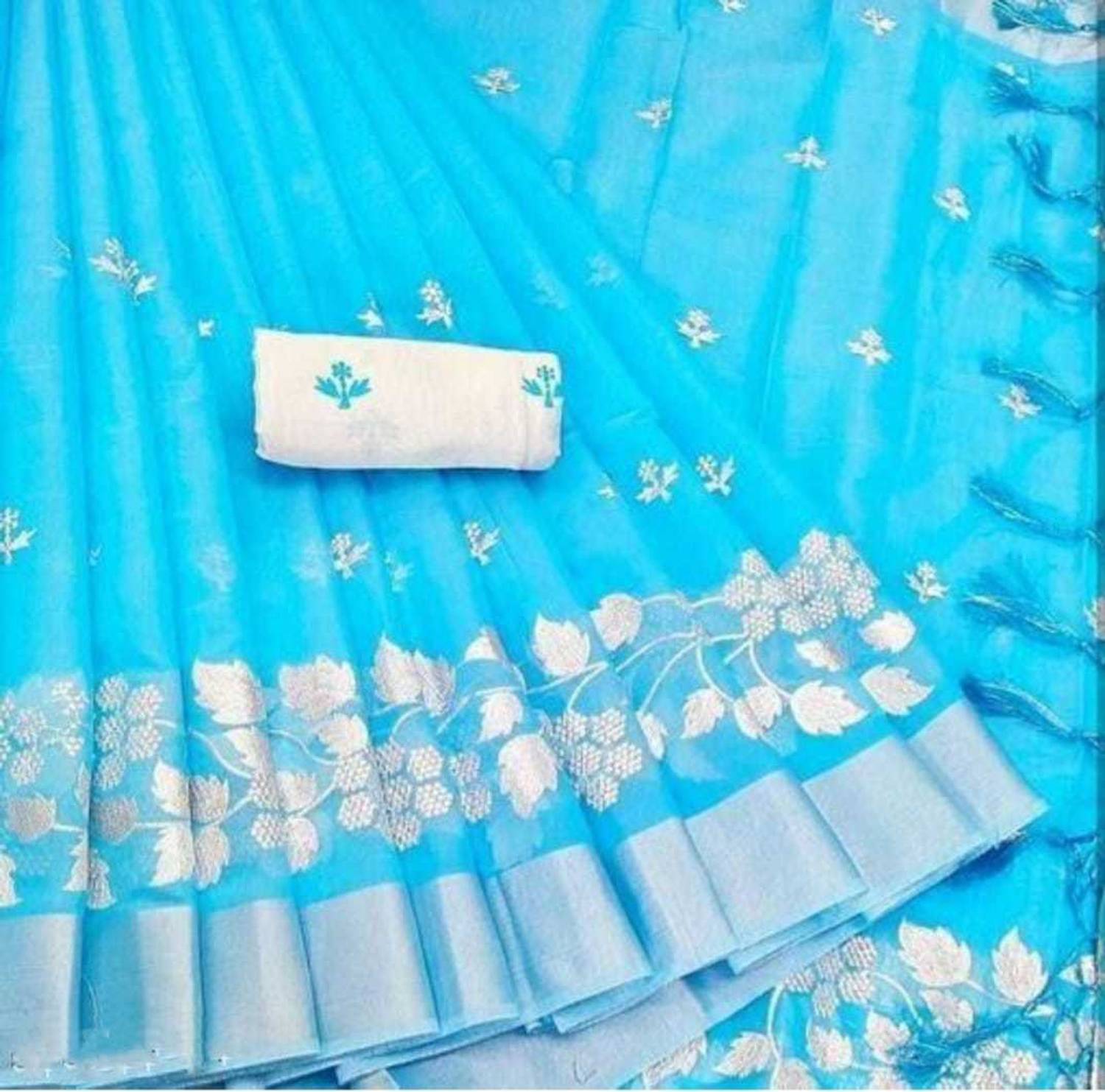 Quexle Woven Banarasi Cotton Linen Saree (Blue)