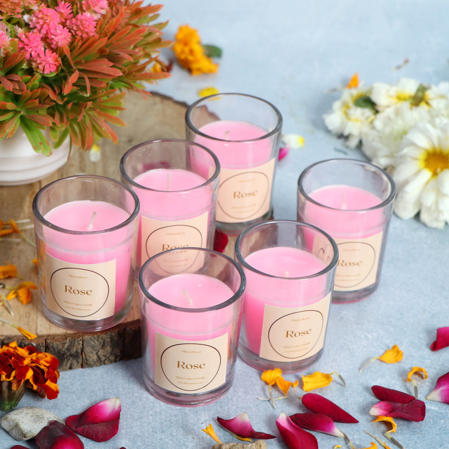 Image of Floryn decor Votive Glass Candle | Perfume Candles for Home | Candles for Home Decoration Fragrance | Burning Time- 10 Hours Each (Pack of 6, Scent- English Rose) Candle