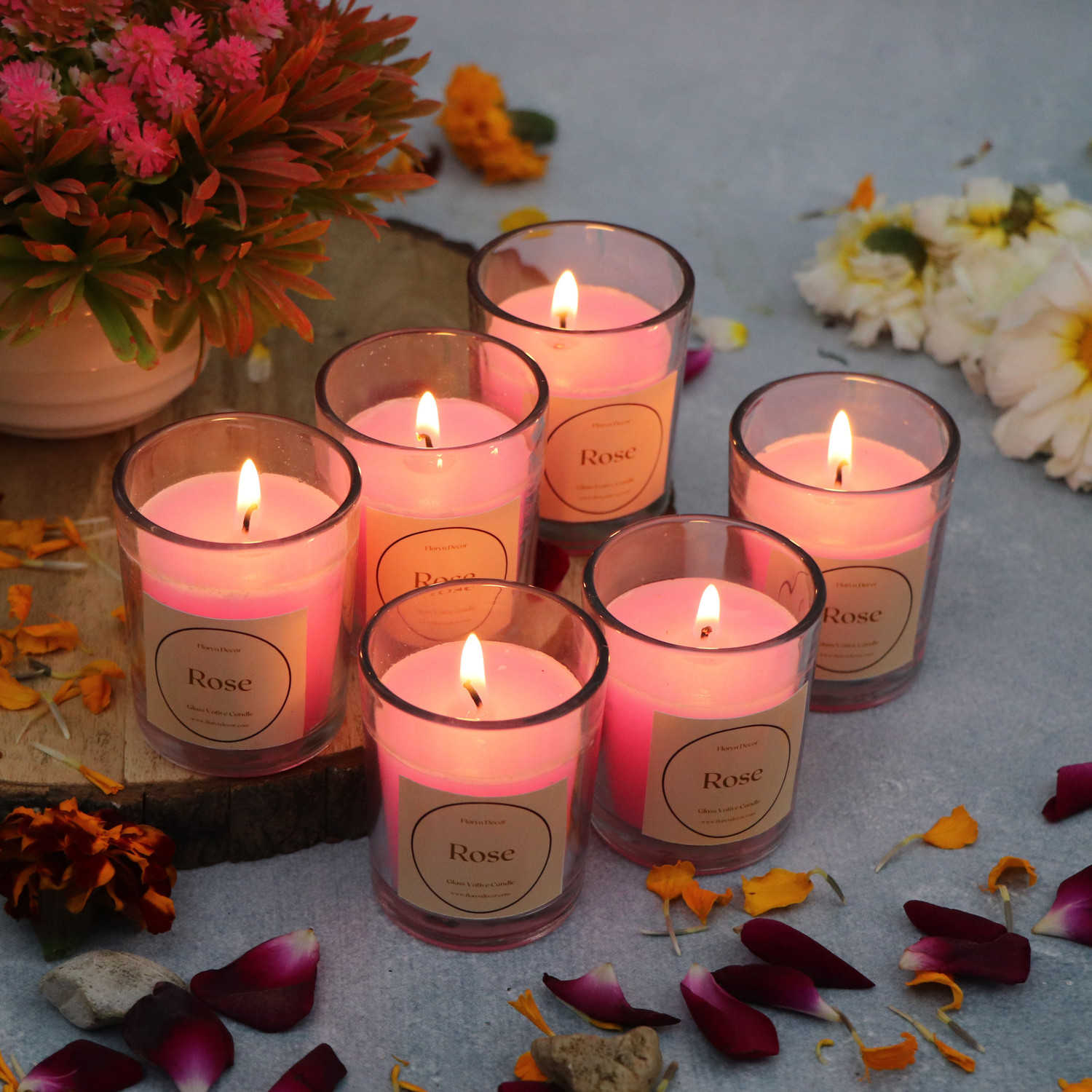 Image of Floryn decor Votive Glass Candle | Perfume Candles for Home | Candles for Home Decoration Fragrance | Burning Time- 10 Hours Each (Pack of 6, Scent- English Rose) Candle