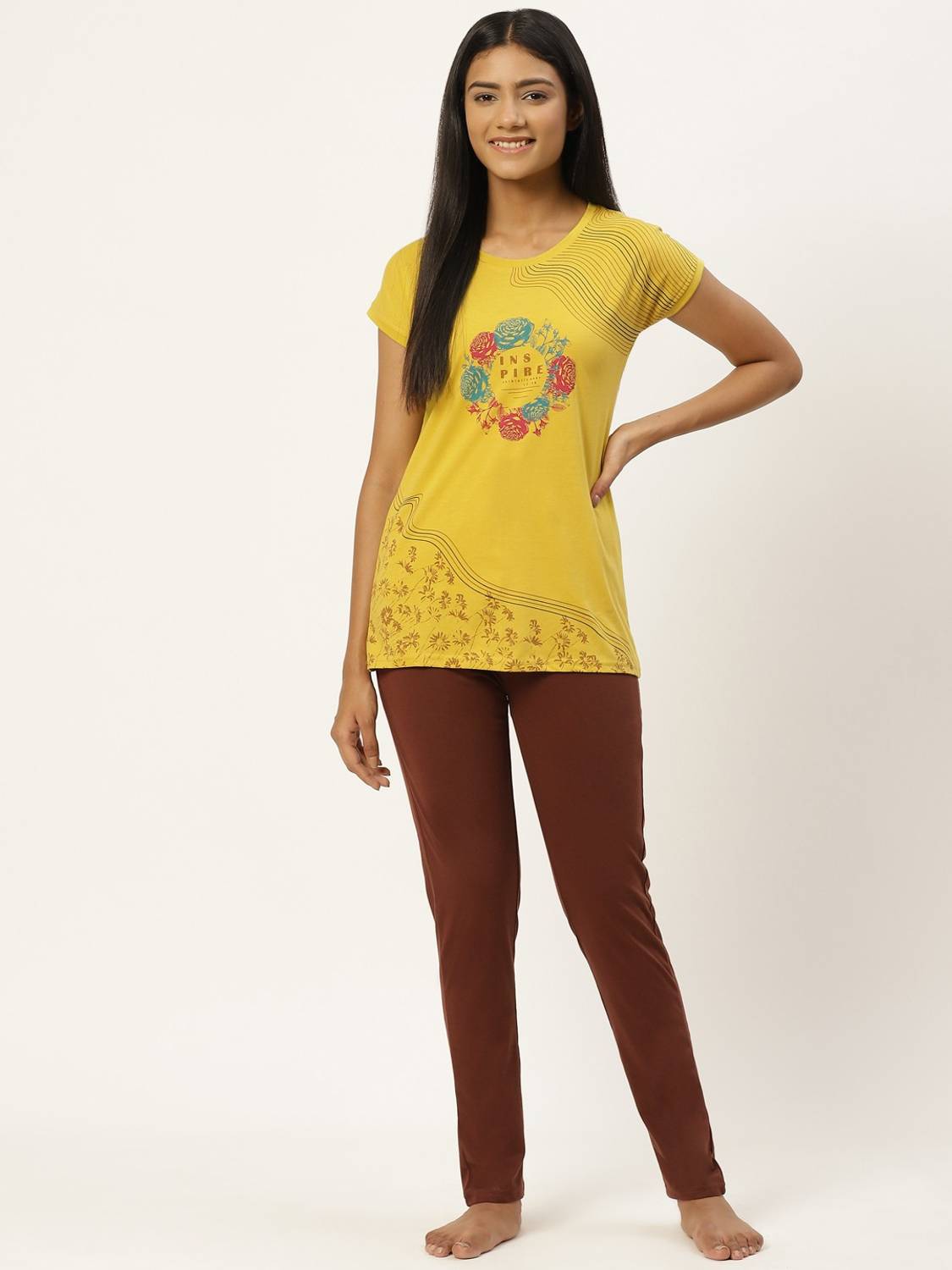Broowl Women Printed Yellow, Brown Top & Pyjama Set