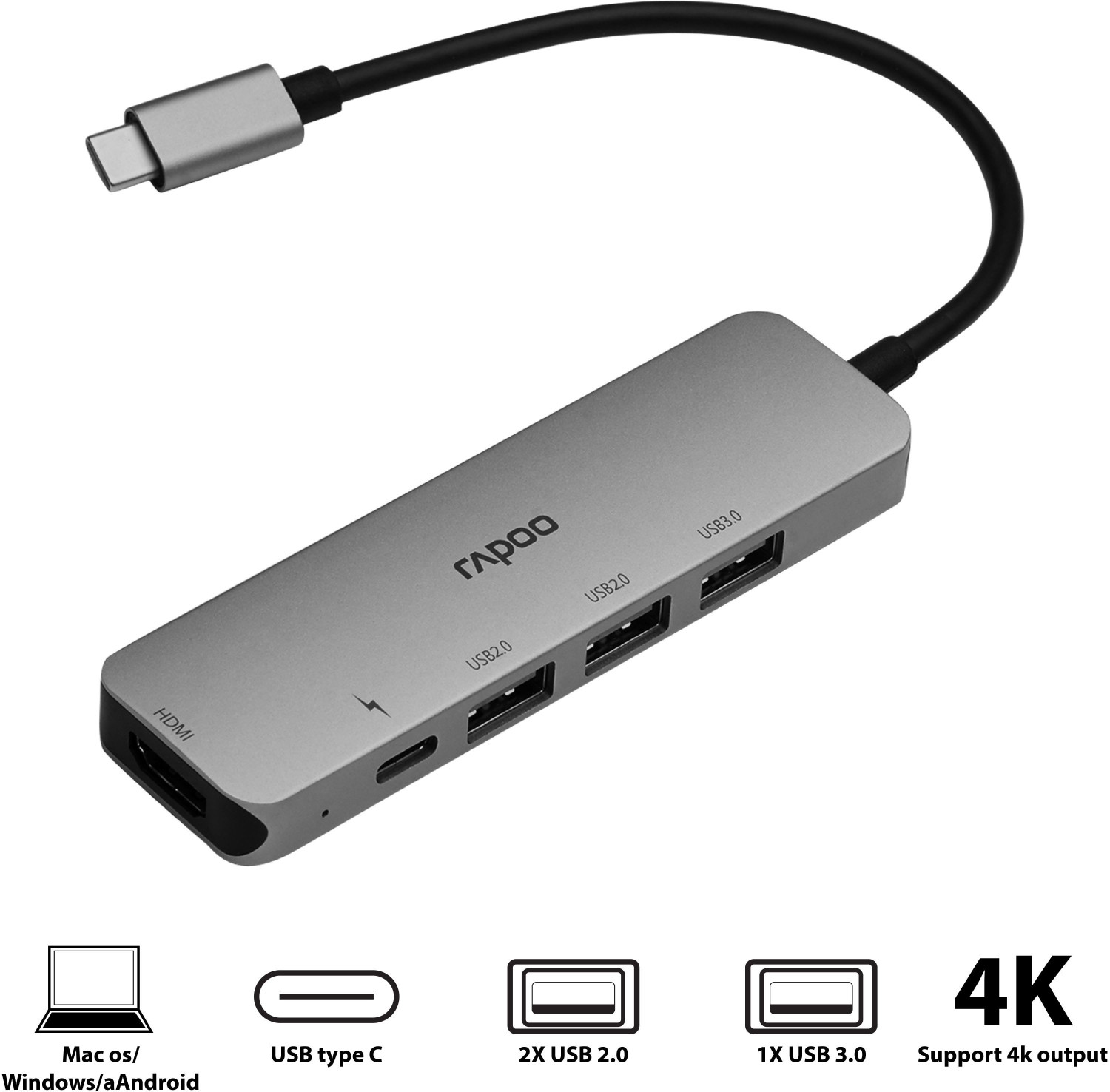 Image of RAPOO XD100C-PD Charging,5Gbps Data transfer,4K HDMI,3USB A Port- 5 in 1- C Type XD100C USB Hub