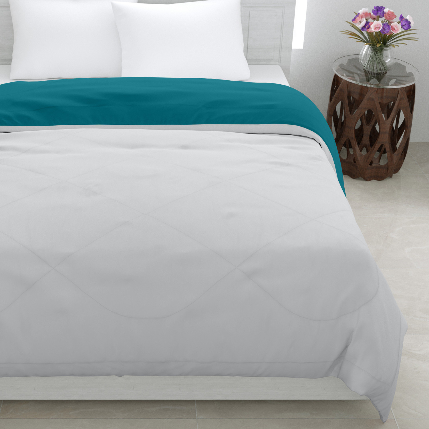 Image of GYT Solid King Comforter for Heavy Winter (Poly Cotton, Grey & Deep Teal)