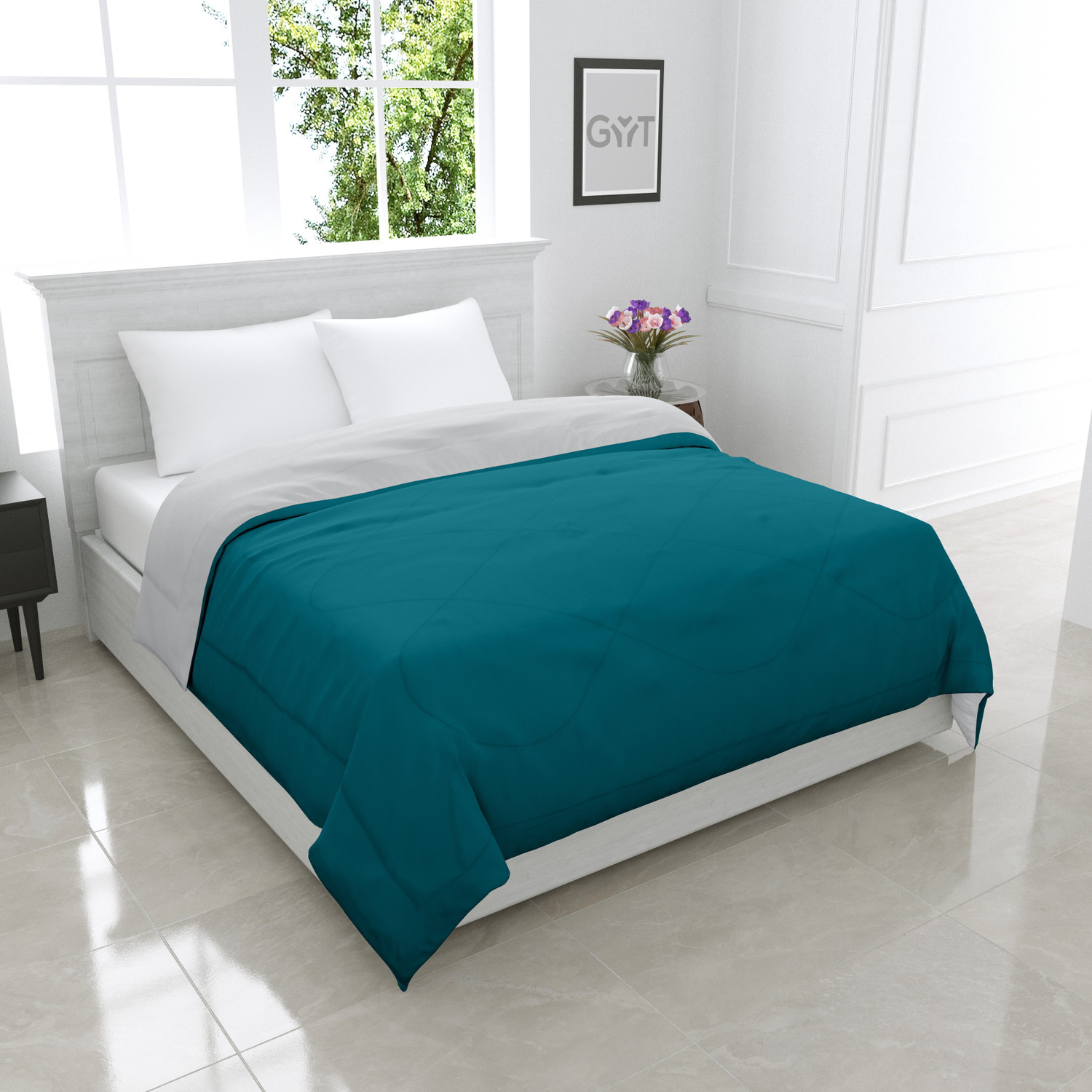 Image of GYT Solid King Comforter for Heavy Winter (Poly Cotton, Grey & Deep Teal)