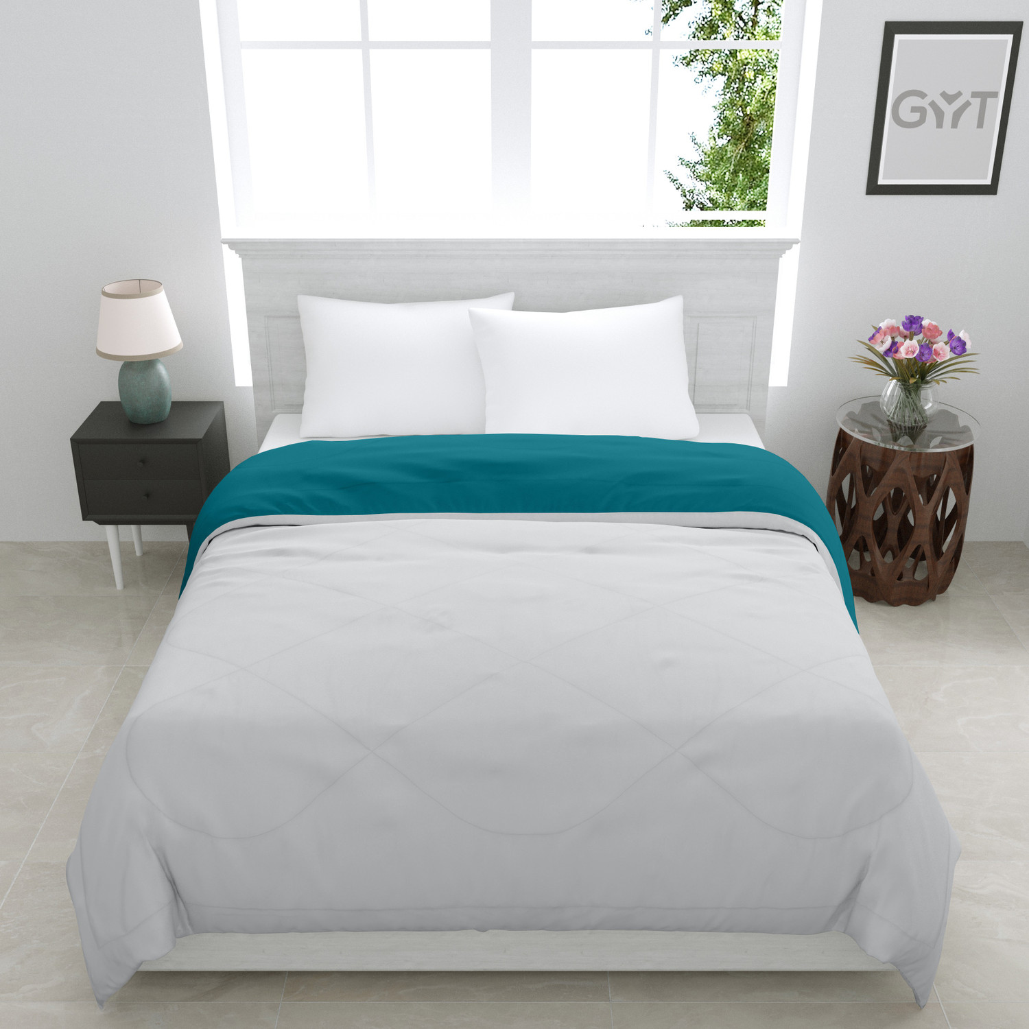 Image of GYT Solid King Comforter for Heavy Winter (Poly Cotton, Grey & Deep Teal)