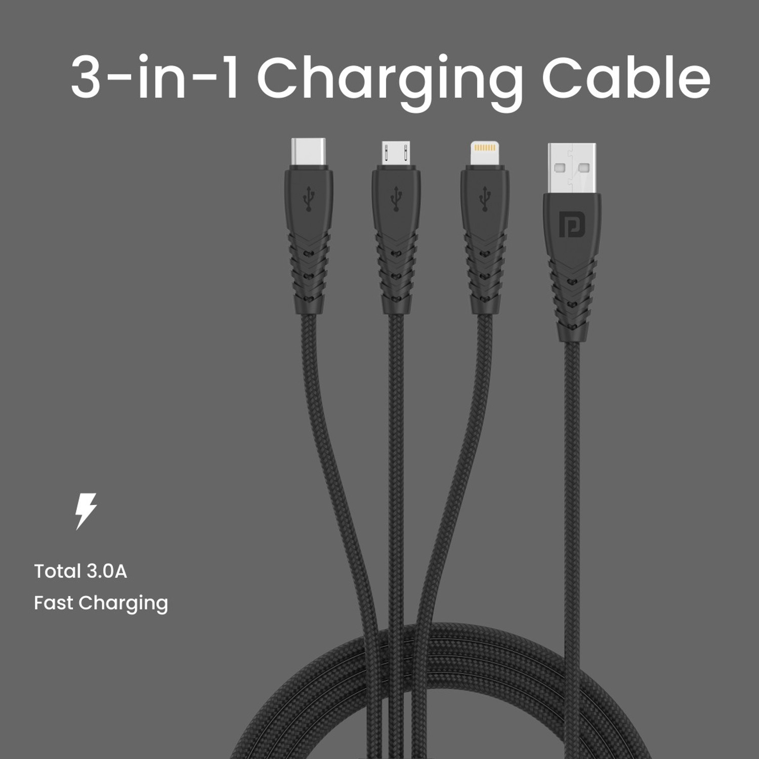 Image of Portronics 3-in-1 Cable 3 A 1.5 m COPPER MATERIAL Konnect A Trio