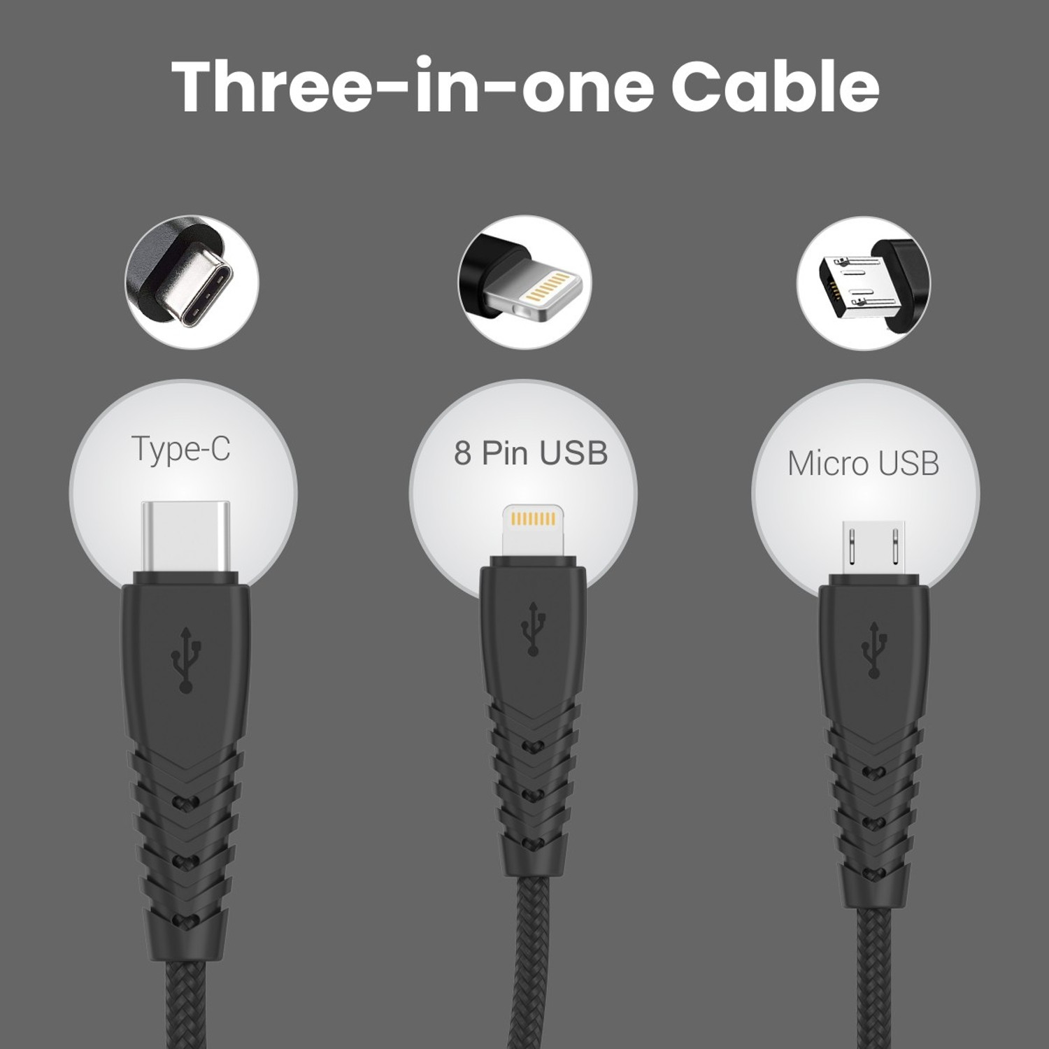 Image of Portronics 3-in-1 Cable 3 A 1.5 m COPPER MATERIAL Konnect A Trio