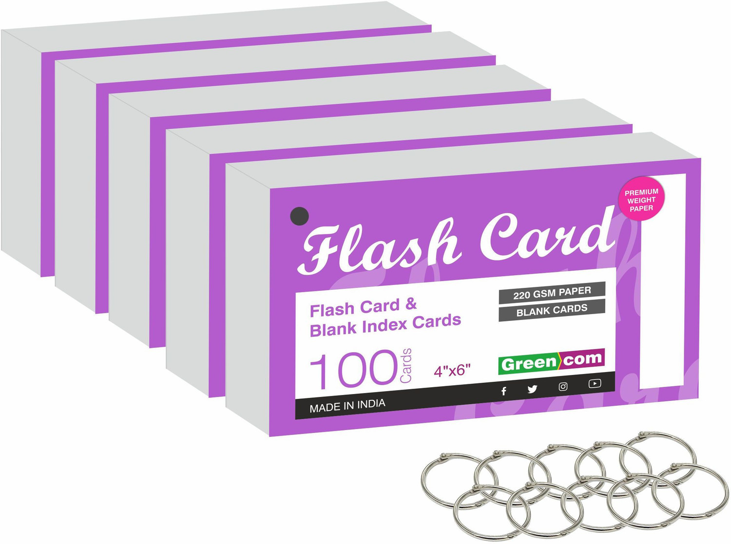 Image of greencom 500 pack Blank Index Cards, Flash cards 4 inch x 6 inch, White, 220 GSM with 10 pcs Free Binder Rings 3-Part Roomy 4 inch x 6 inch size is perfect for detailed study, presentations or lists