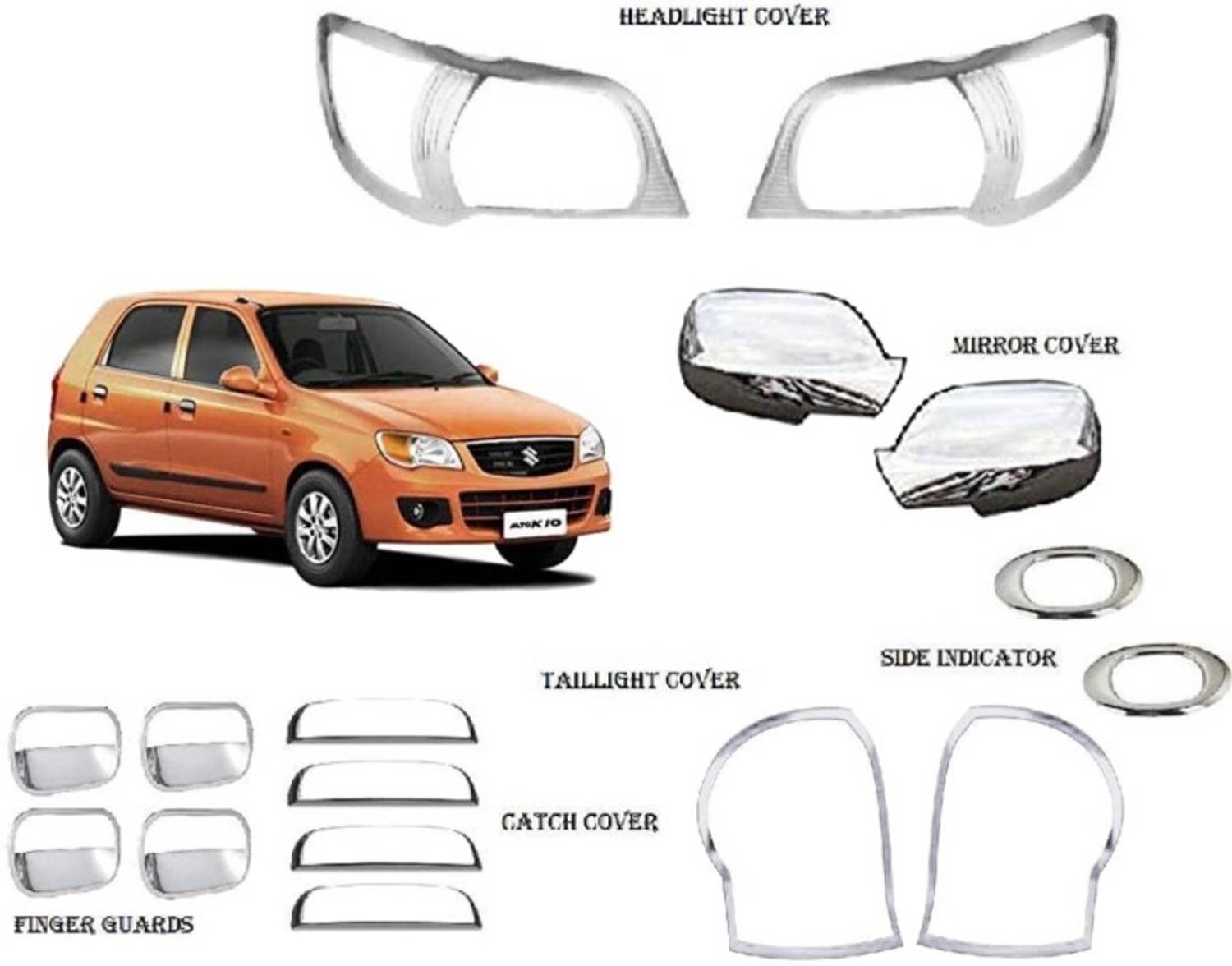 Autxin Exterior Chrome Combo Kit Compatible with Alto K10 2009-2013 (Set of 16 Pcs) Chrome Maruti Alto K10 Front Garnish