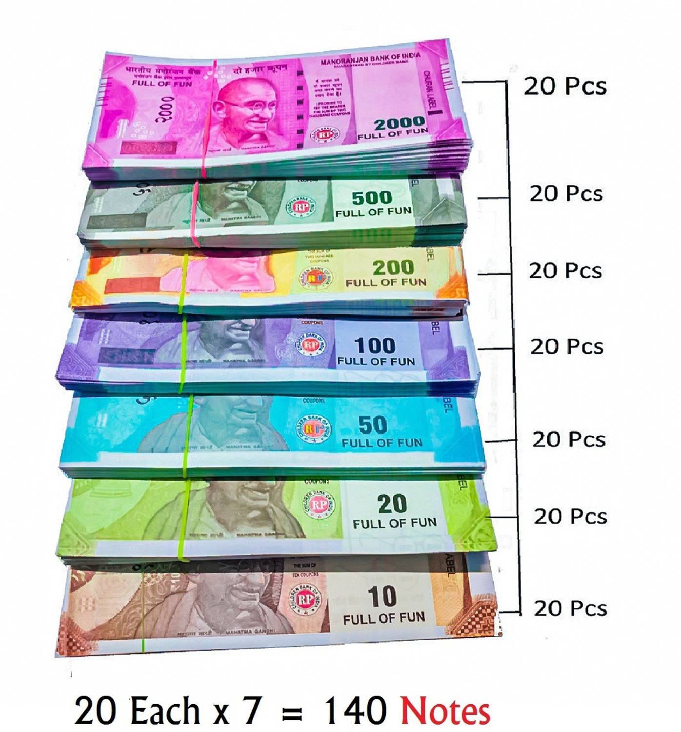 4GX 2022 Dummy Currency 140 Note for Kids 20 Units Each Denomination All New Fake Note Gag Toy