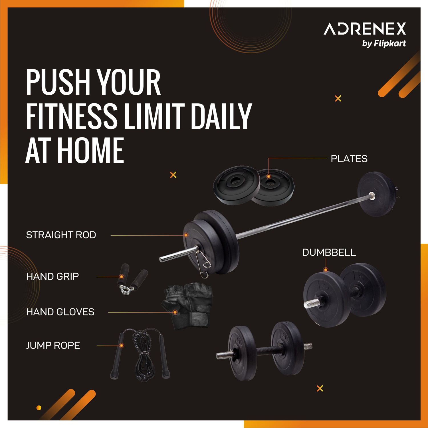 Image of Adrenex 50 Kg Portable with Straight, Curl & Dumbbell Rods Home Gym Combo