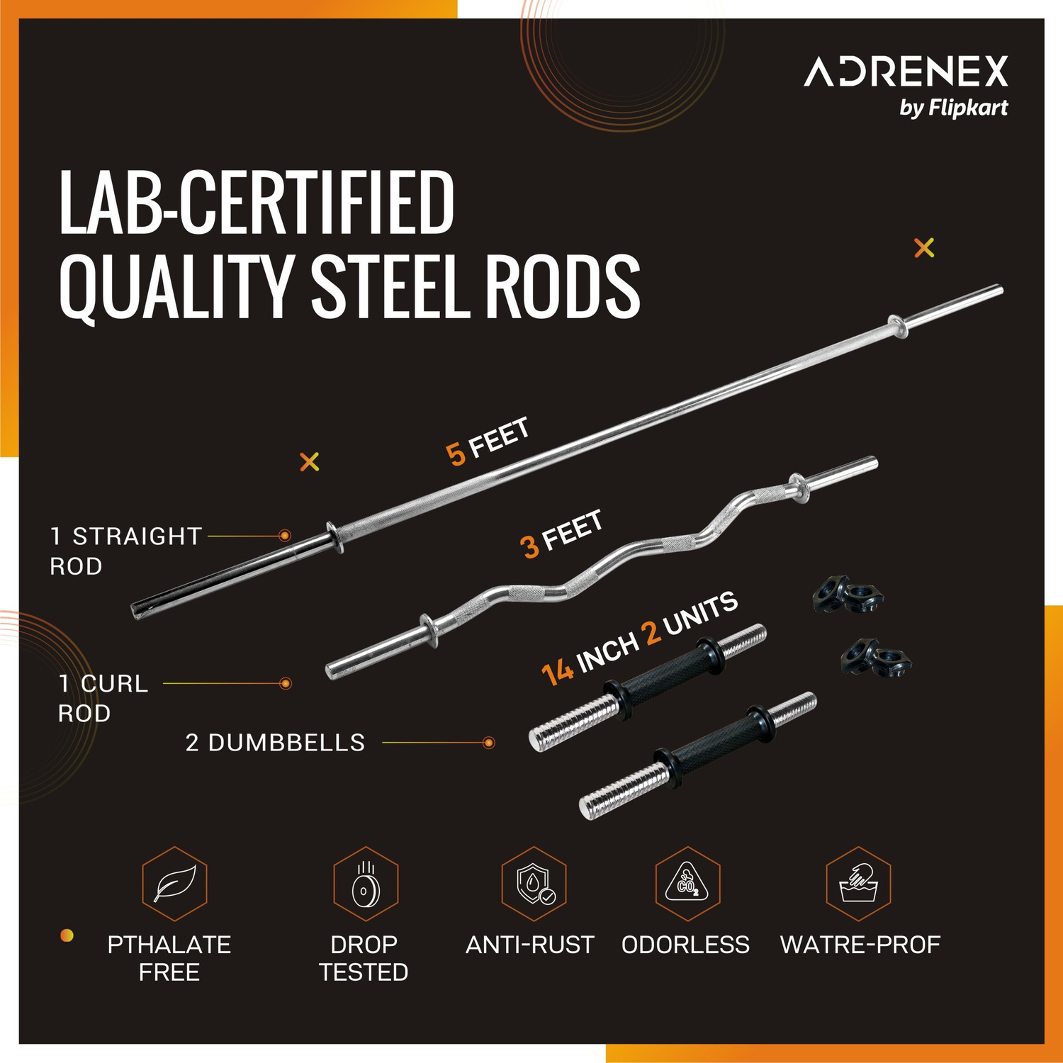 Image of Adrenex 40 kg 40 kg with One 5 Ft Plain & One 3 Ft Curl Rods and One Pair Dm Rods, Accessories Home Gym Combo