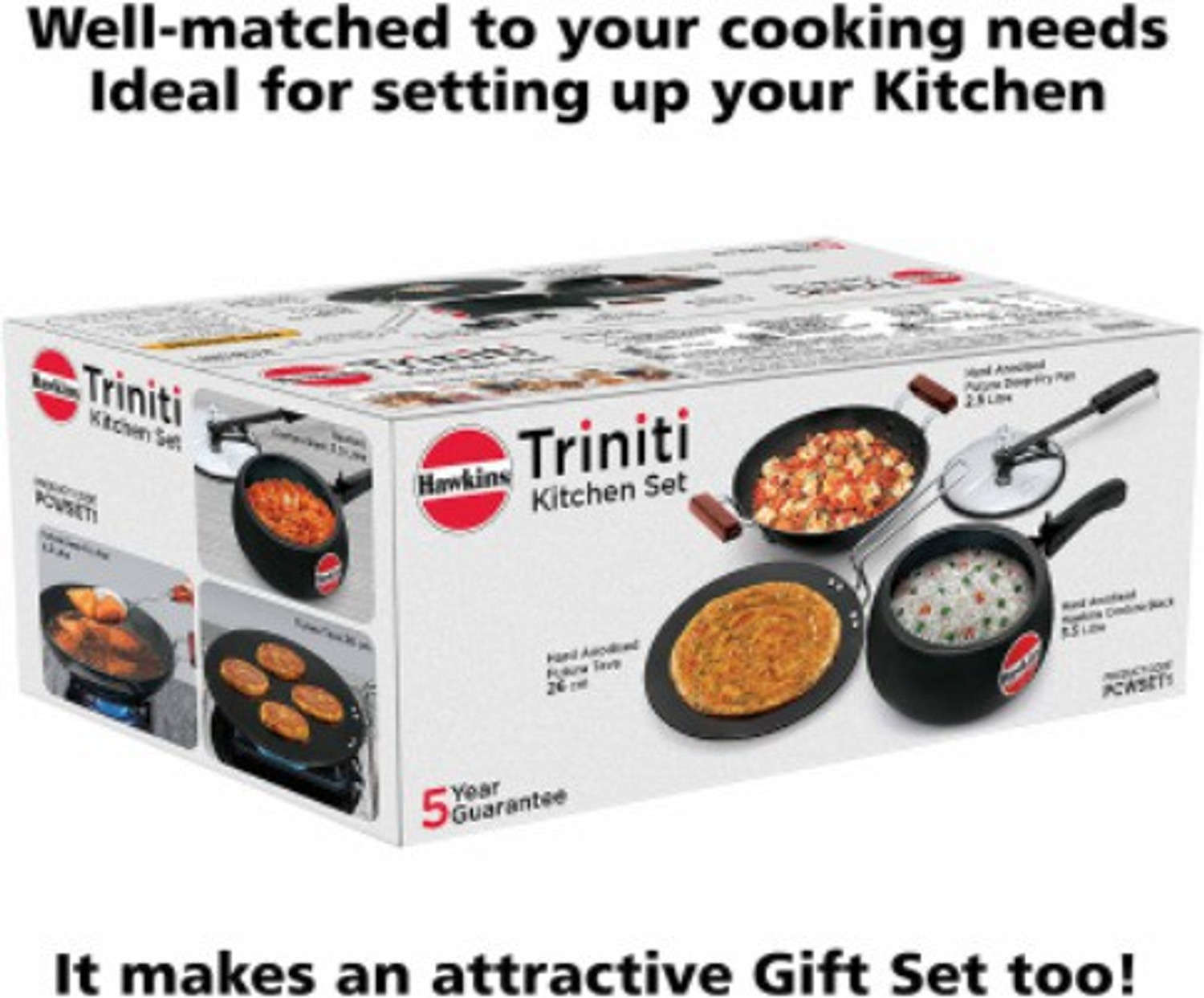 Image of Hawkins Hawkins Trinity 3 Pc Combo -Tawa 26 cm, Kadhai 2.5L, Contura Black (CB35) Cooker 3.5 L, 2.5 L Inner Lid Pressure Cooker & Pressure Pan