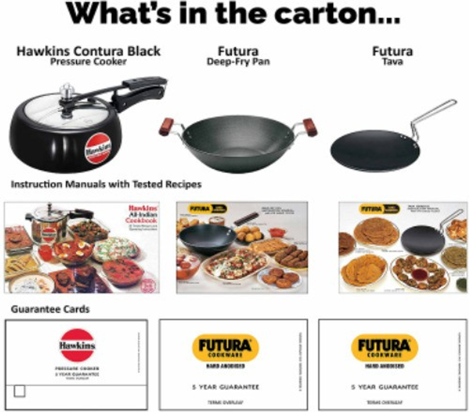 Image of Hawkins Hawkins Trinity 3 Pc Combo -Tawa 26 cm, Kadhai 2.5L, Contura Black (CB35) Cooker 3.5 L, 2.5 L Inner Lid Pressure Cooker & Pressure Pan