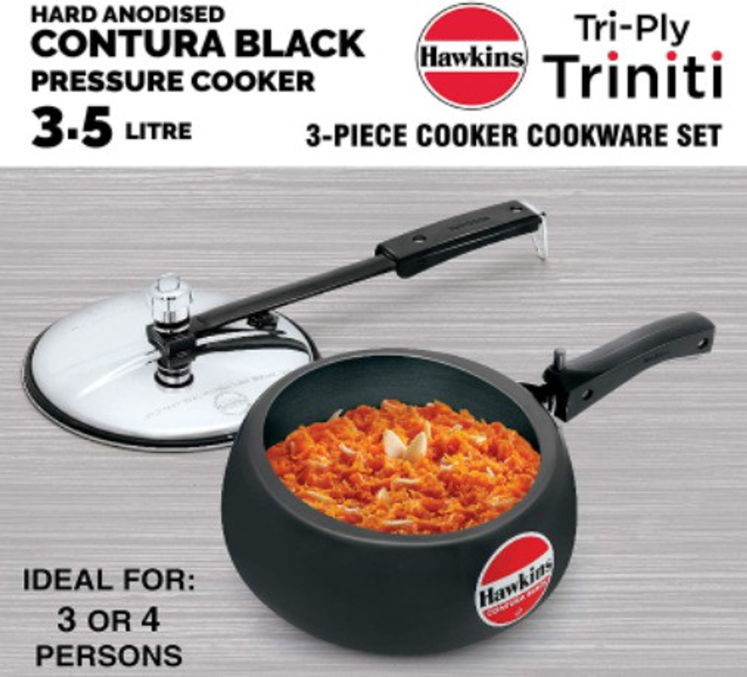 Image of Hawkins Hawkins Trinity 3 Pc Combo -Tawa 26 cm, Kadhai 2.5L, Contura Black (CB35) Cooker 3.5 L, 2.5 L Inner Lid Pressure Cooker & Pressure Pan
