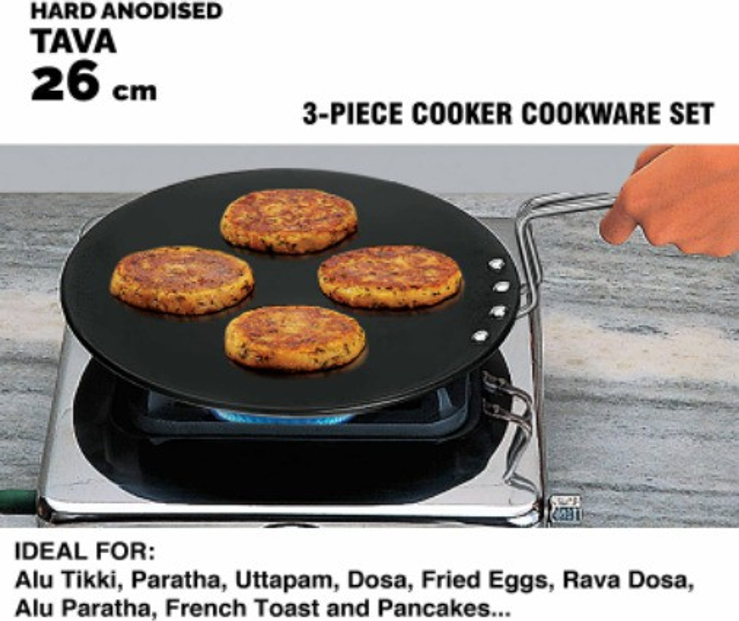 Image of Hawkins Hawkins Trinity 3 Pc Combo -Tawa 26 cm, Kadhai 2.5L, Contura Black (CB35) Cooker 3.5 L, 2.5 L Inner Lid Pressure Cooker & Pressure Pan
