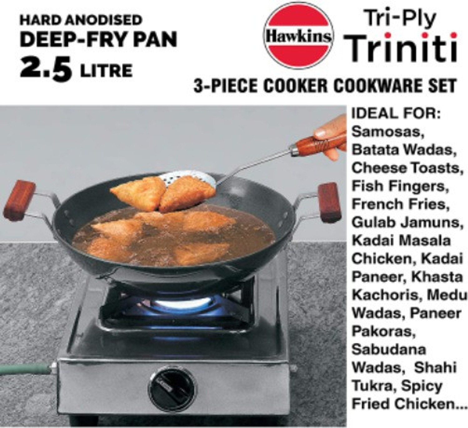 Image of Hawkins Hawkins Trinity 3 Pc Combo -Tawa 26 cm, Kadhai 2.5L, Contura Black (CB35) Cooker 3.5 L, 2.5 L Inner Lid Pressure Cooker & Pressure Pan