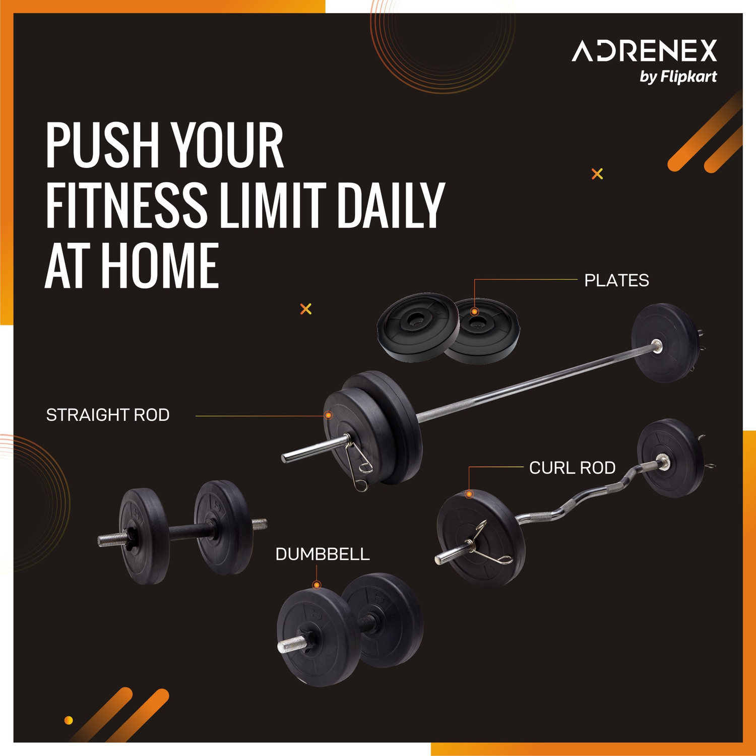 Image of Adrenex 40 kg 40 kg with One 5 Ft Plain & One 3 Ft Curl Rods and One Pair Dm Rods, Accessories Home Gym Combo