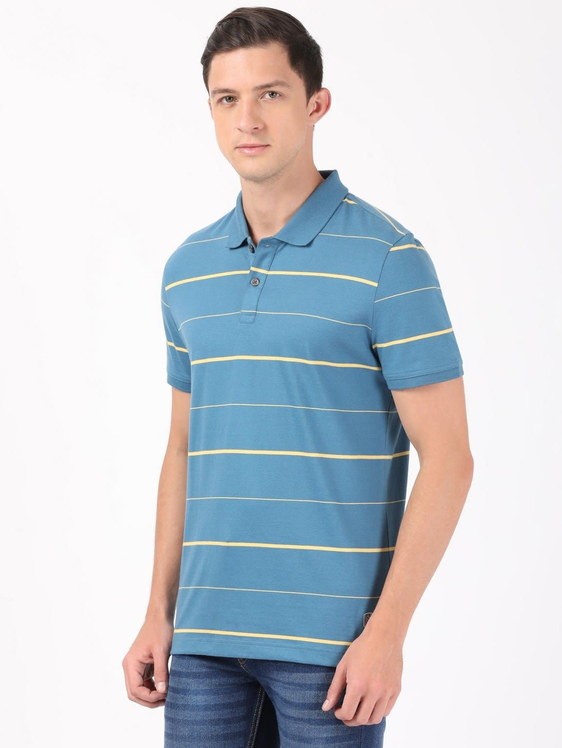Image of JOCKEY Striped Men Polo Neck Blue T-Shirt