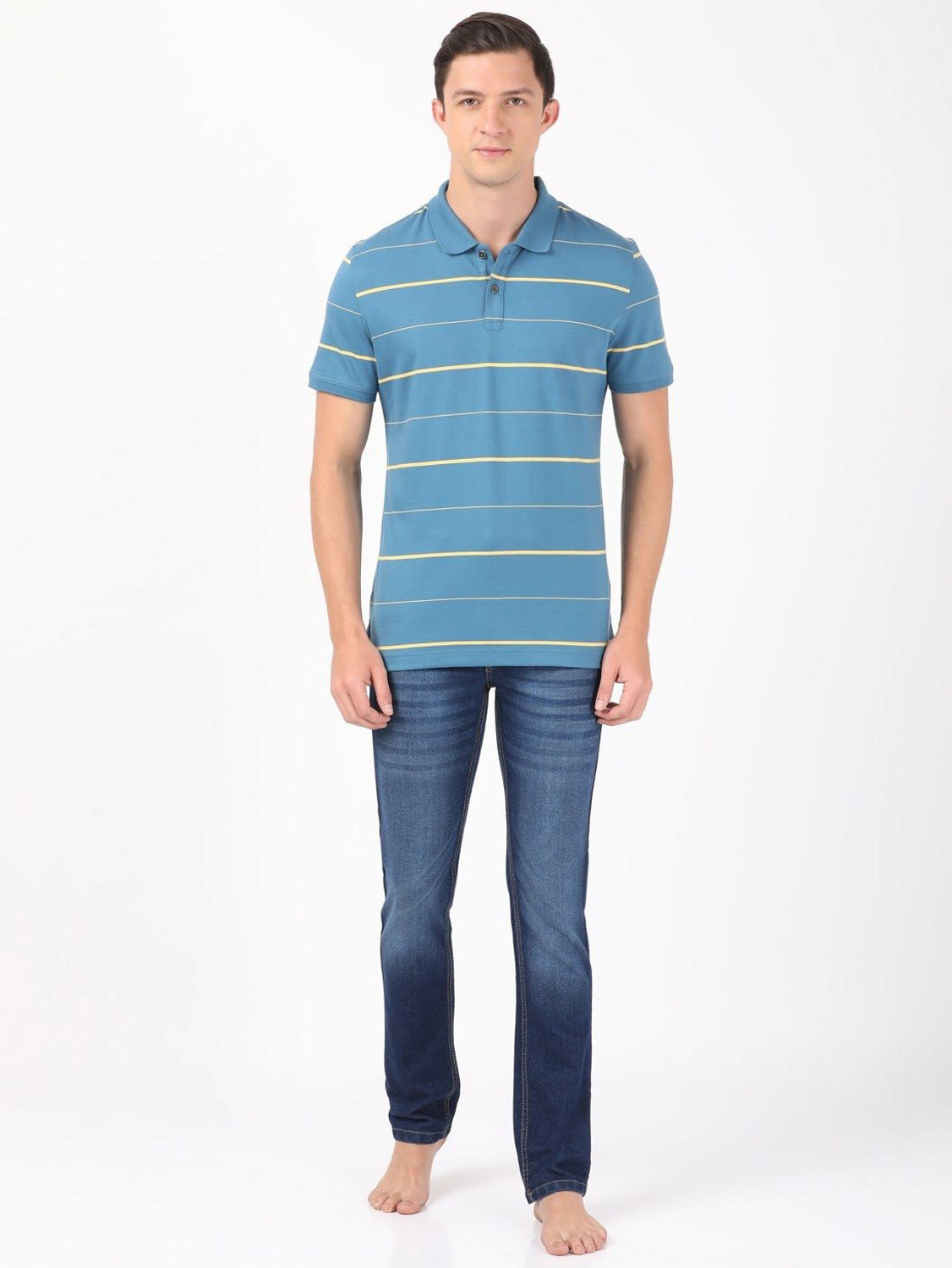 Image of JOCKEY Striped Men Polo Neck Blue T-Shirt