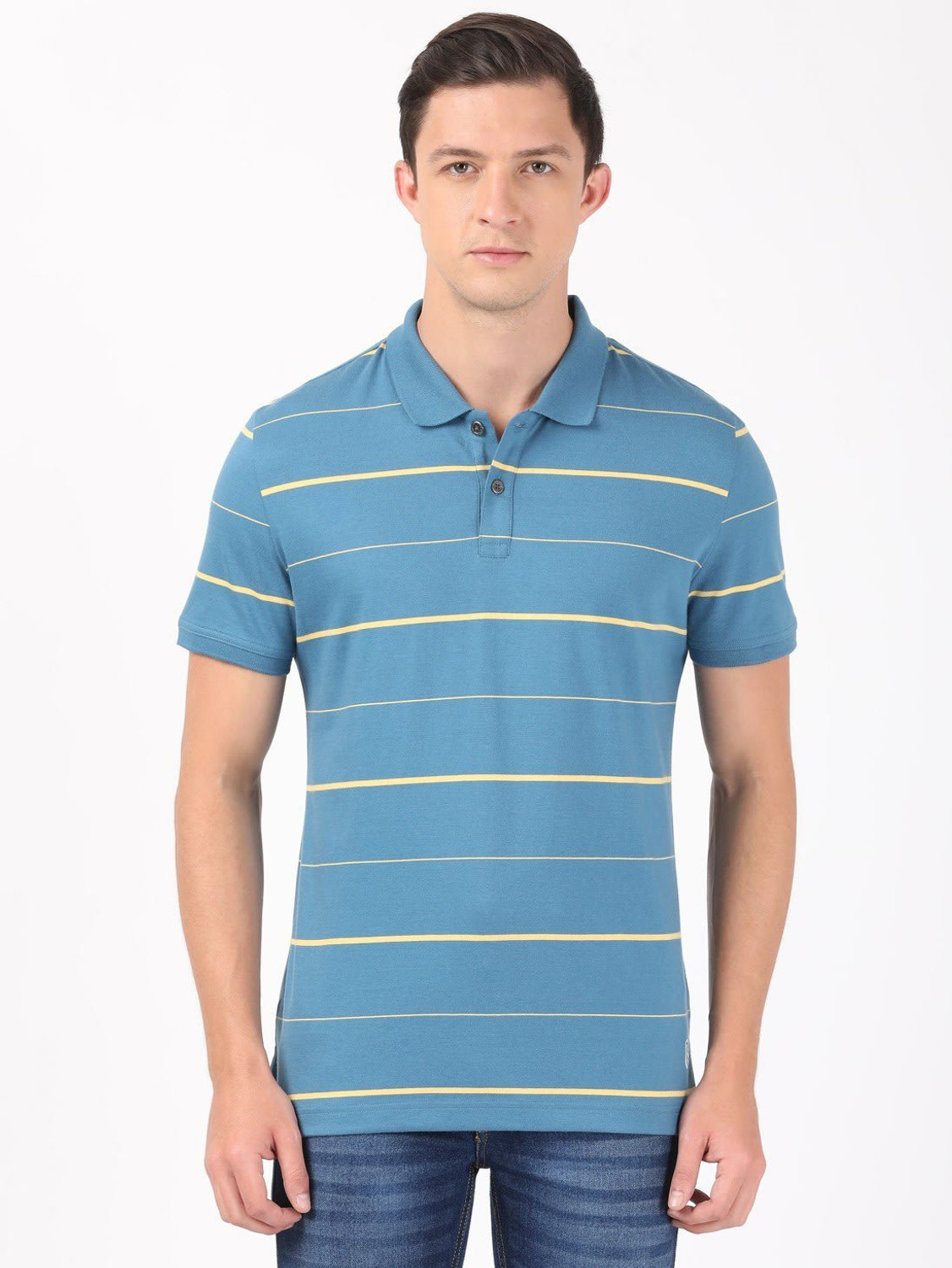 Image of JOCKEY Striped Men Polo Neck Blue T-Shirt