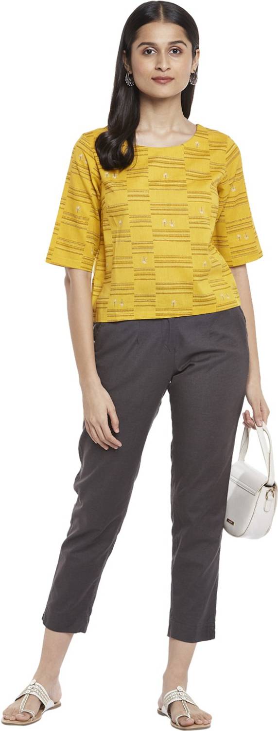 Akkriti by Pantaloons Casual Printed, Ethnic Motifs, Striped Women Yellow Top