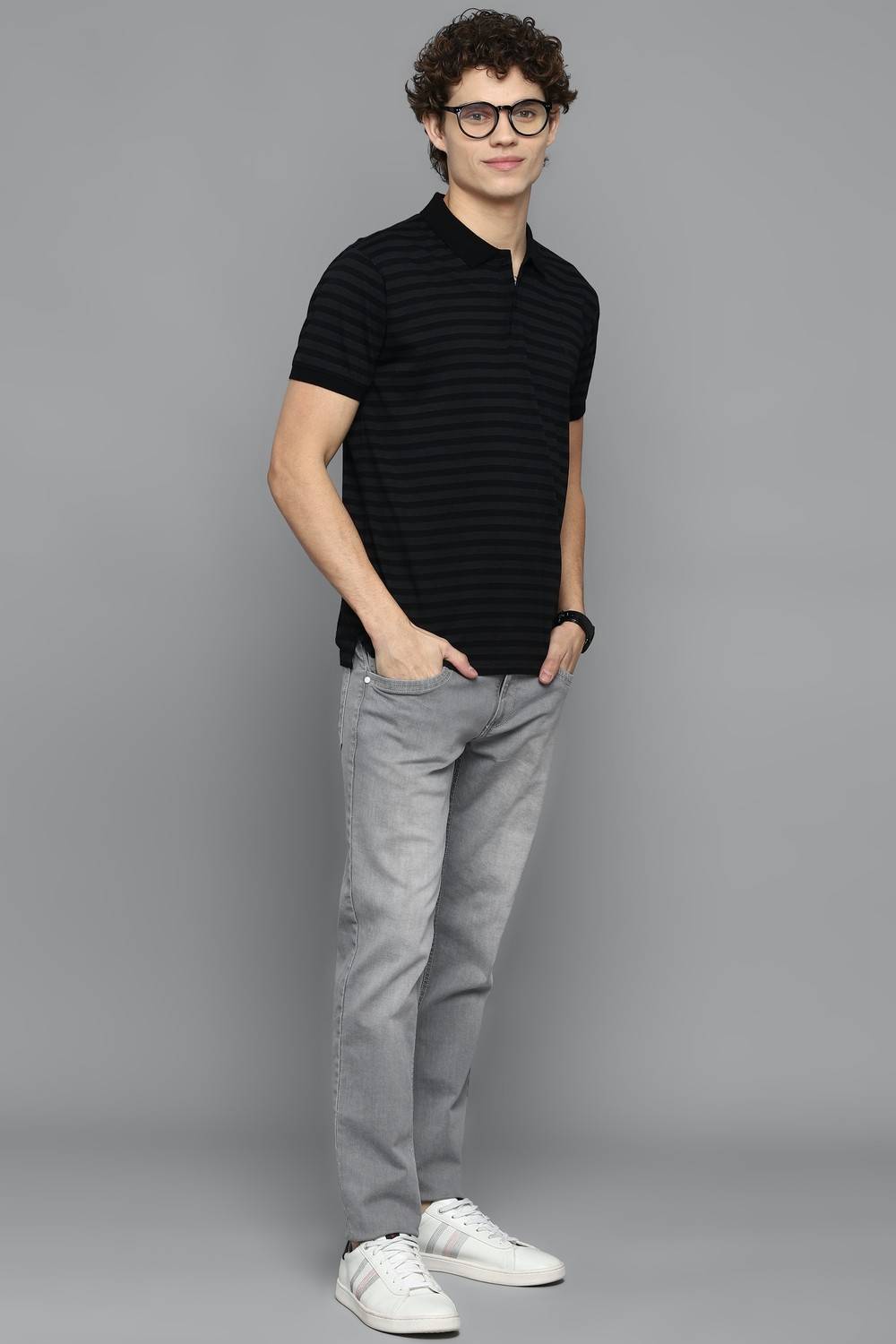 Allen Solly Striped Men Polo Neck Black T-Shirt