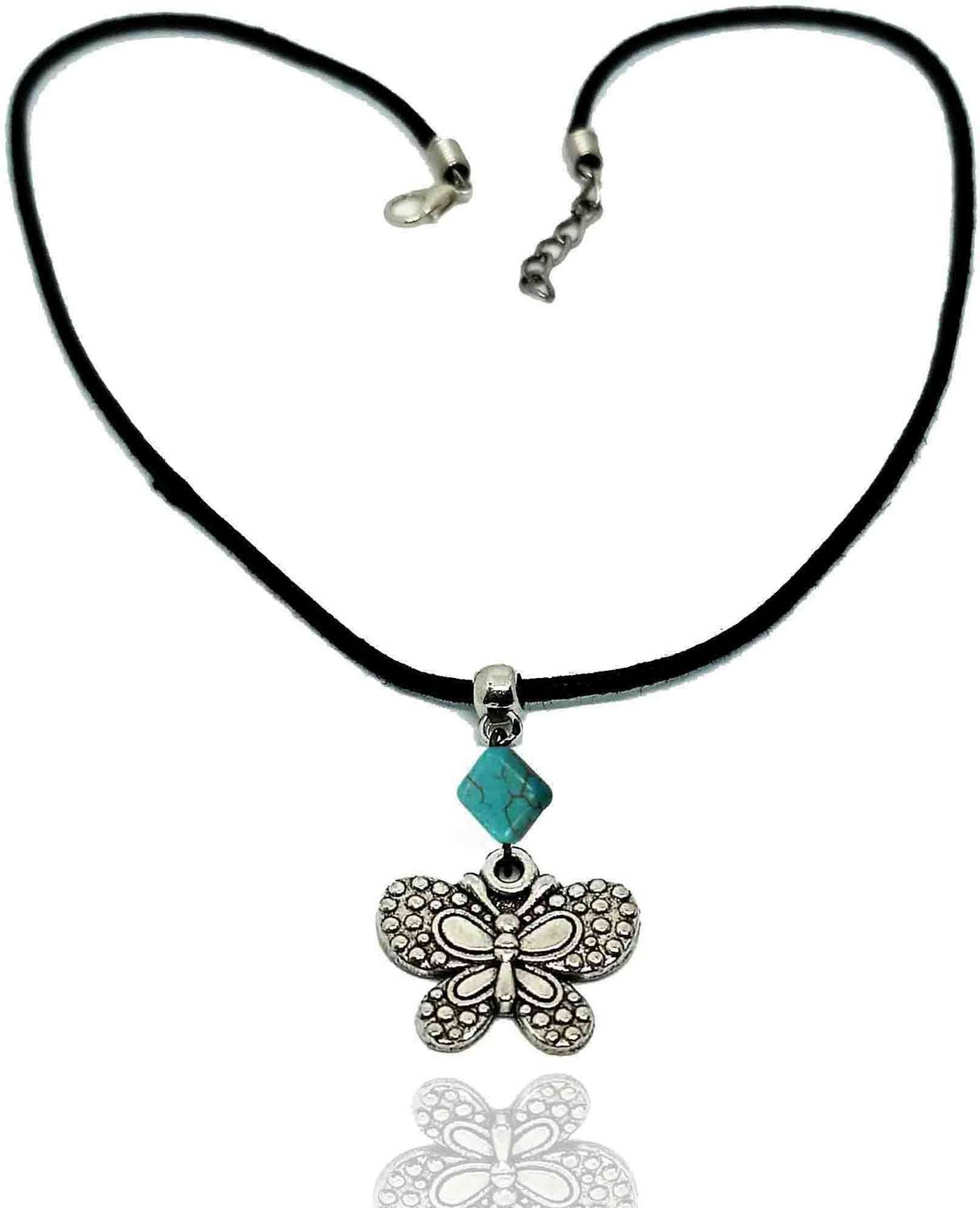 Gurjari Jewellers Oxidised BUTERFLY & TARQISE Pendant in Black Thread Choker Nacklesh Silver Plated Brass Choker