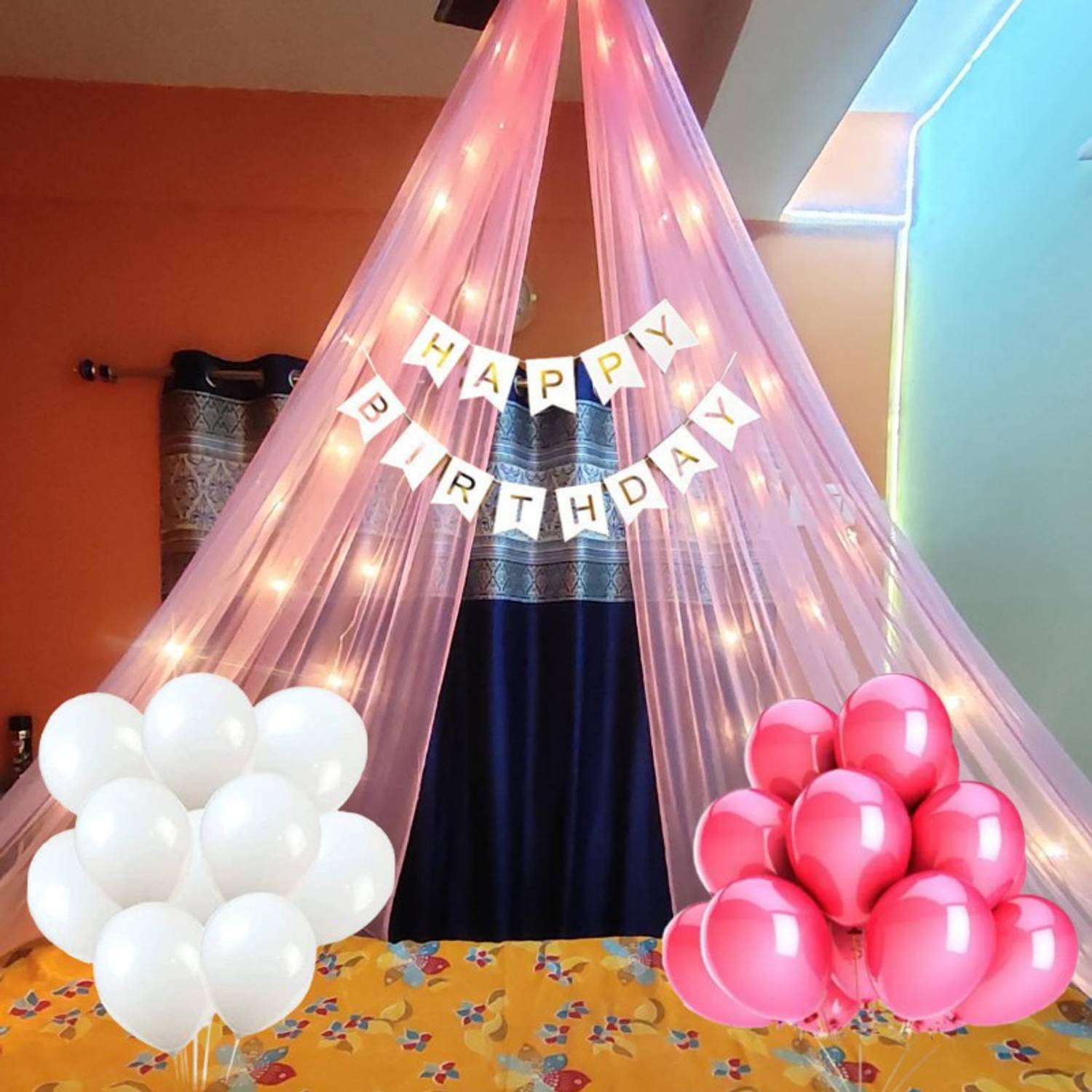1iAM Solid Cabana Net Decoration Set For Birthday Party |5M Long Net, Banner, Light & Balloon
