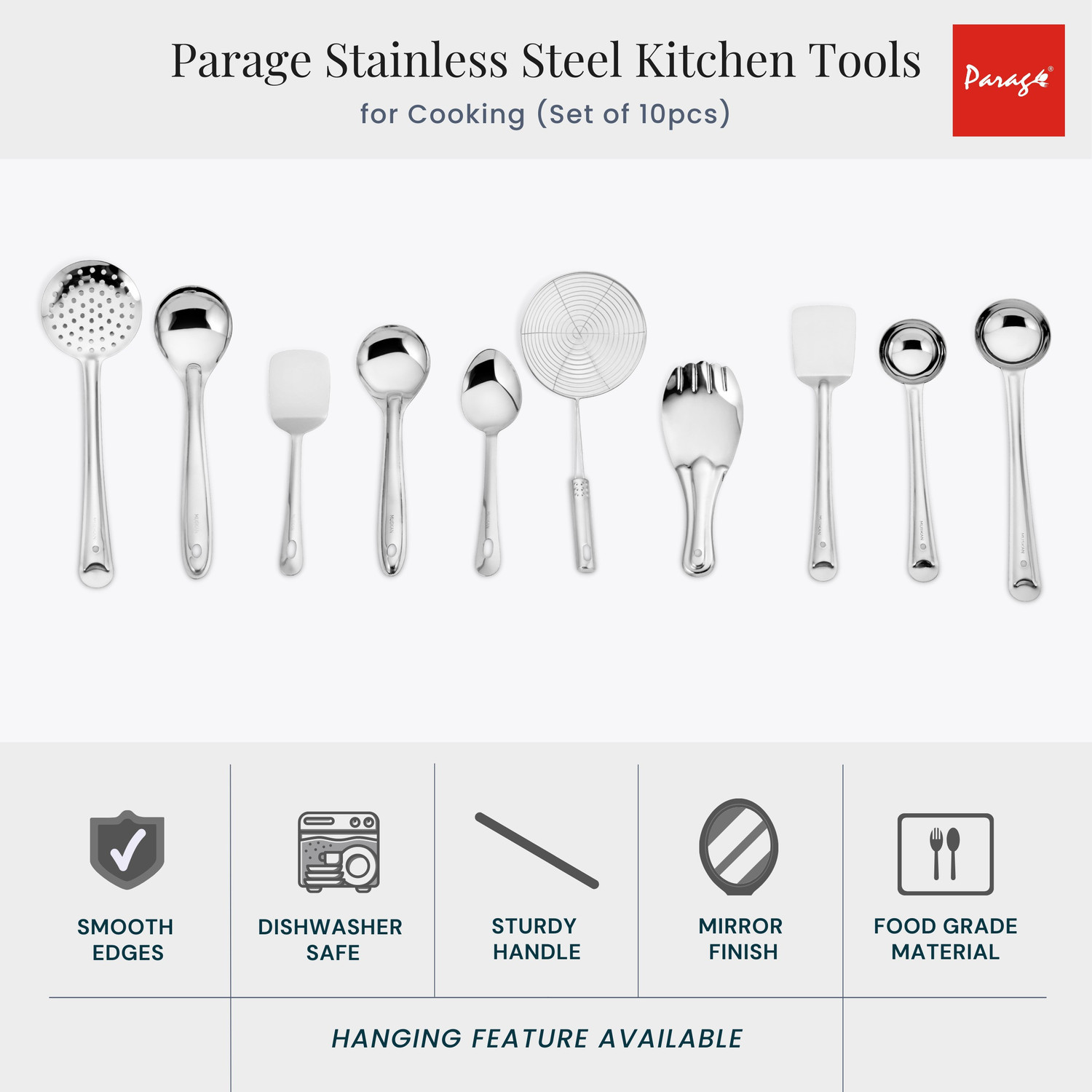 Image of Parage 10 Pieces, Silver (Contains: Ladles, Turners, Strainer, Rice Spoon, Oval Spoon, Serving Spoon) Kitchen Tool Set