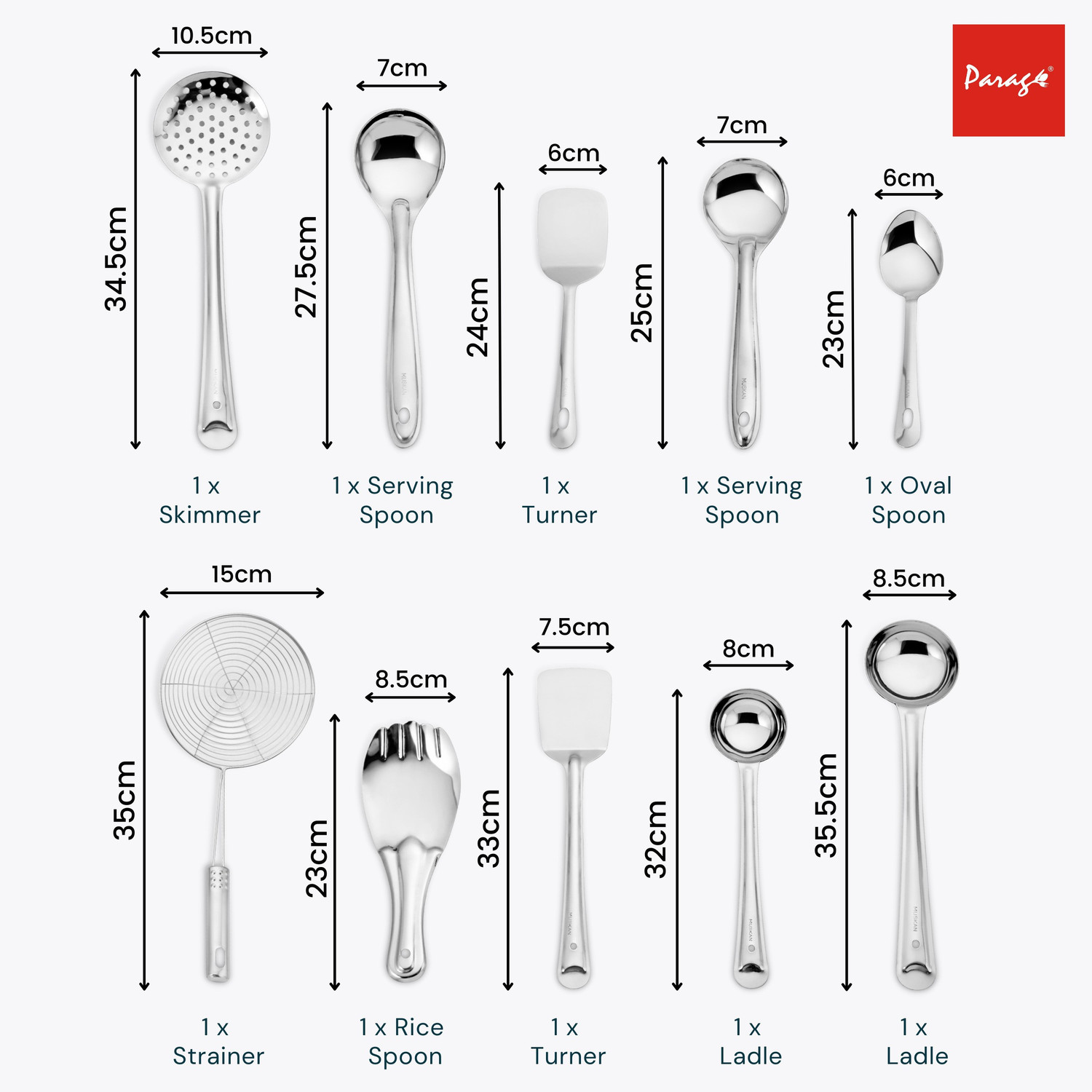 Image of Parage 10 Pieces, Silver (Contains: Ladles, Turners, Strainer, Rice Spoon, Oval Spoon, Serving Spoon) Kitchen Tool Set