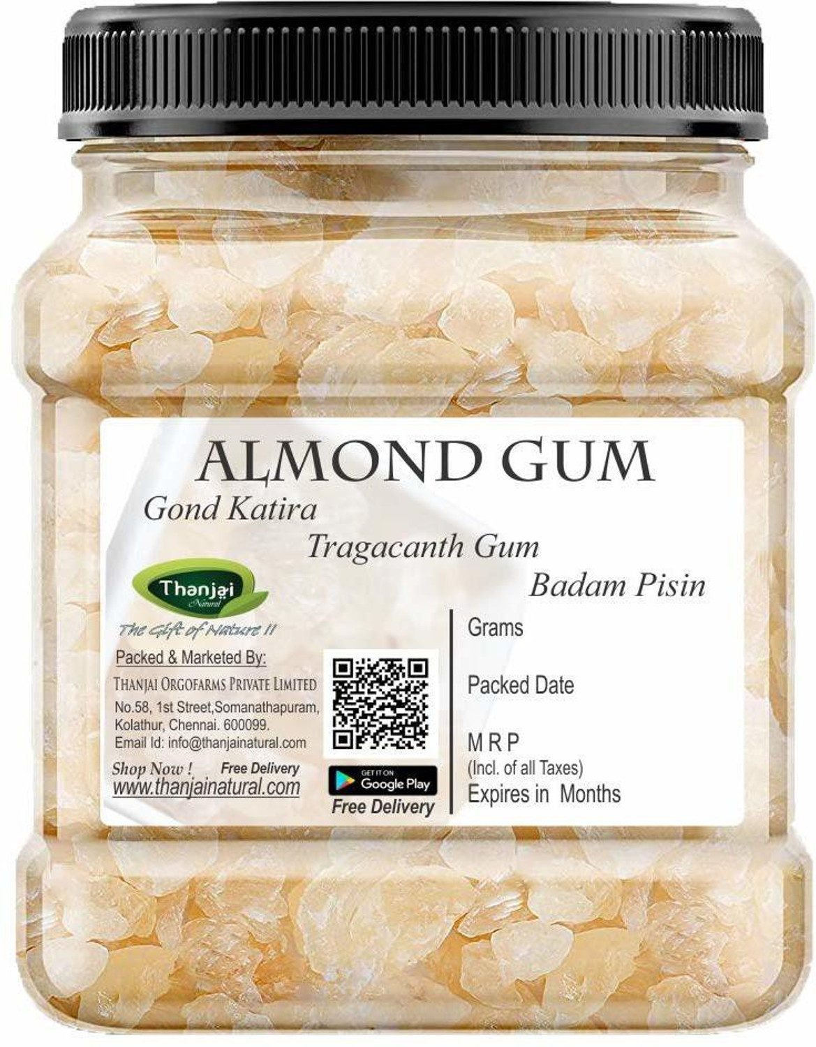 Image of THANJAI NATURAL Gond Katira Pure Organic Dried gum 500g JAR | ALMOND GUM | BADAM PISIN | TRAGACANTH GUM Seed