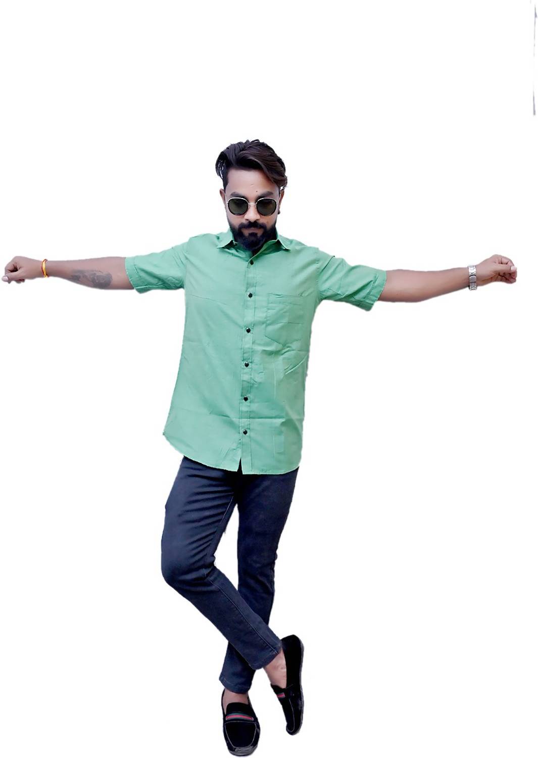 LIBSADRESSES Men Solid Party Green Shirt