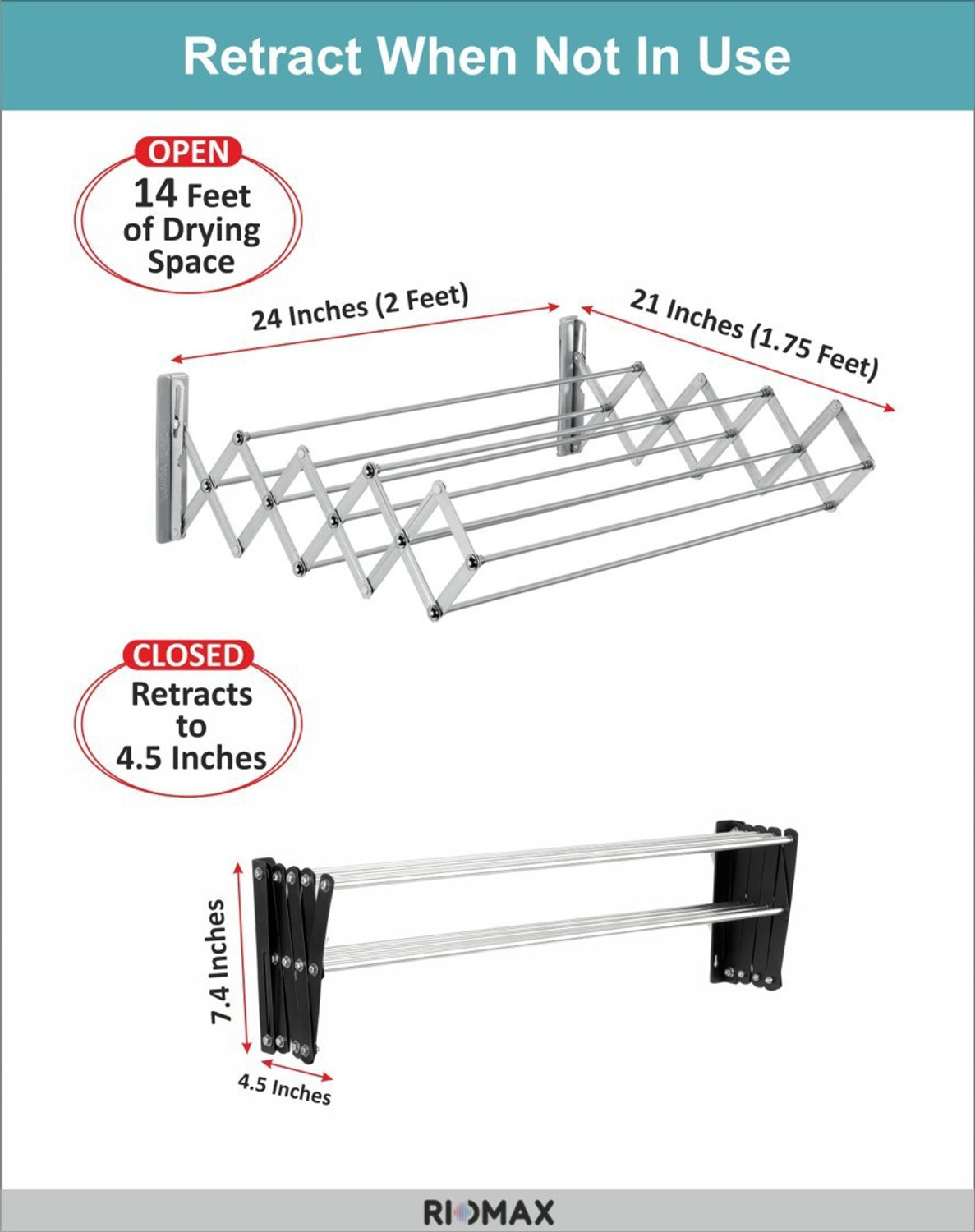 Image of RIOMAX 7 Rod Stainless Steel Foldable Wall Mounted /Mounting Clothes Drying Stand Silver & Black Towel Holder