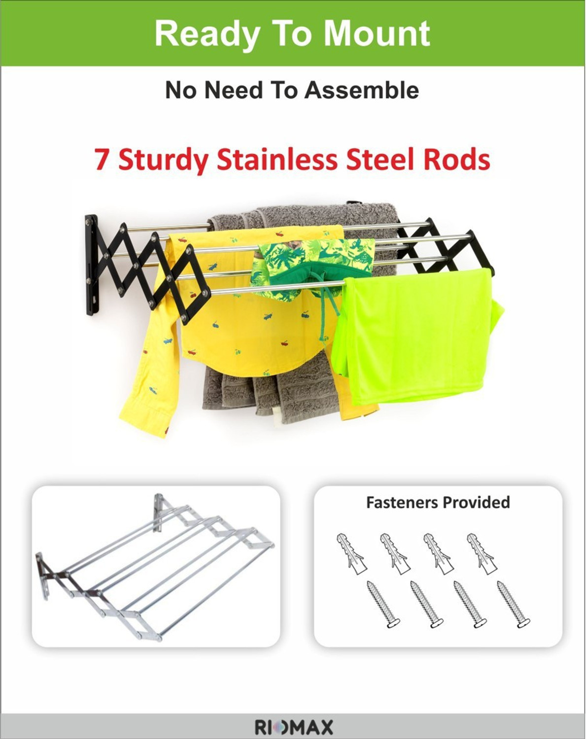 Image of RIOMAX 7 Rod Stainless Steel Foldable Wall Mounted /Mounting Clothes Drying Stand Silver & Black Towel Holder