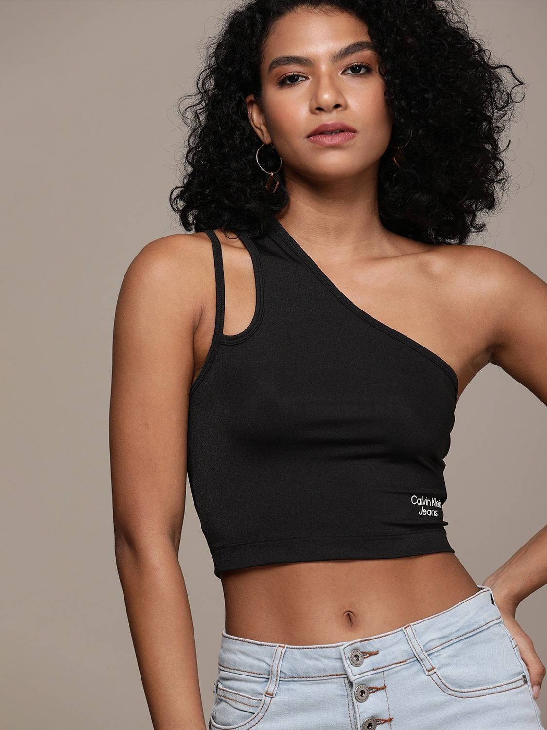Calvin Klein Jeans Casual Sleeveless Printed, Solid Women Black Top