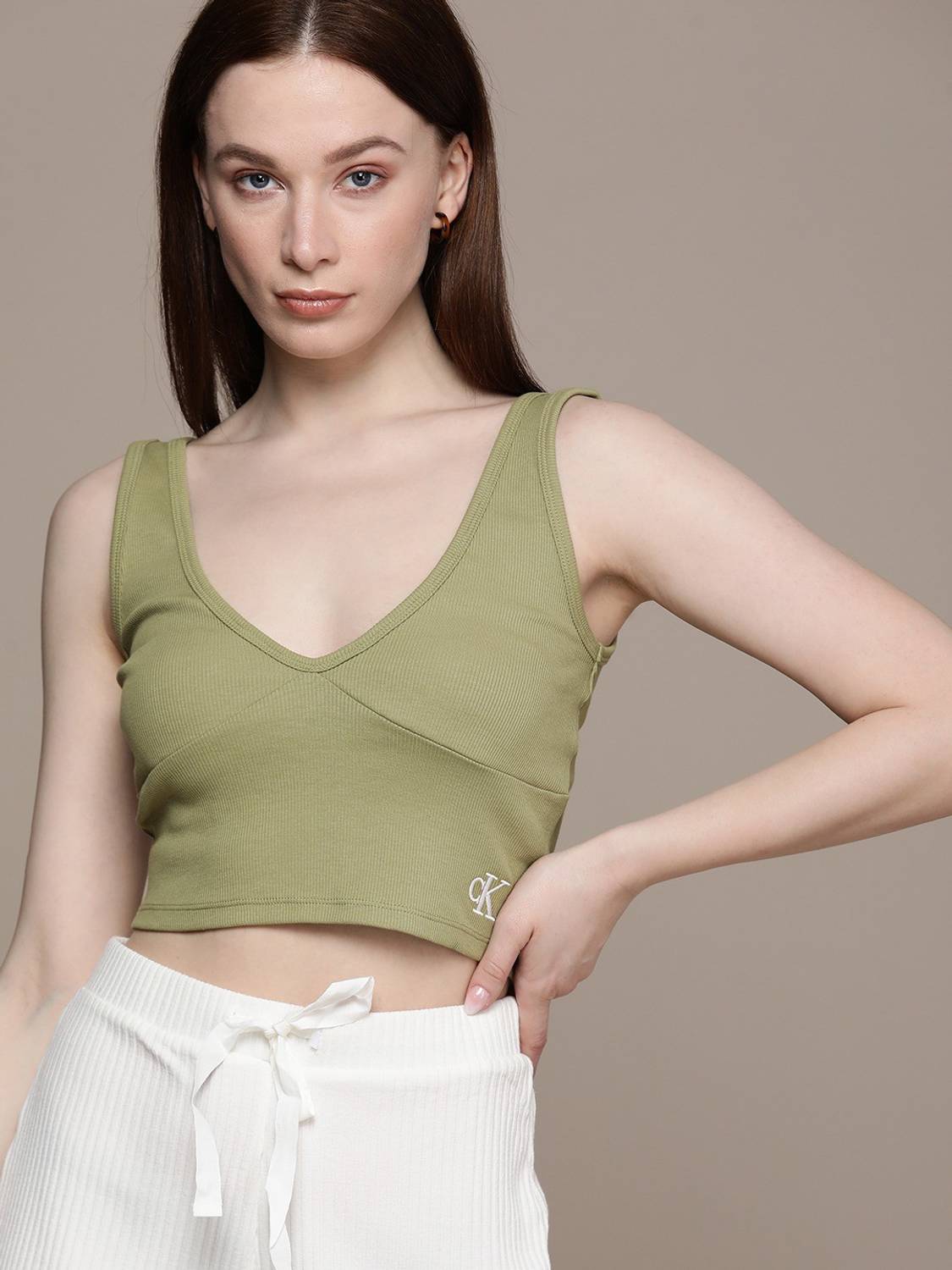Calvin Klein Jeans Casual Sleeveless Embroidered Women Green Top