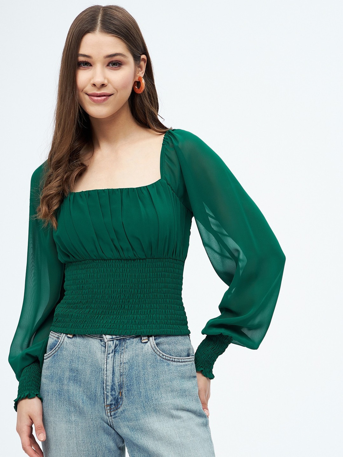 Image of HARPA Casual Solid Women Green Top