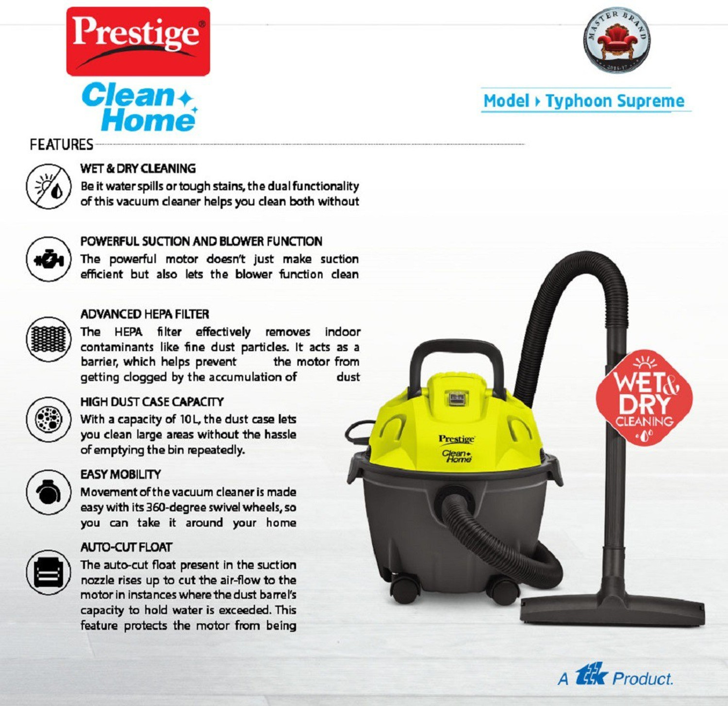 Image of Prestige CleanHome Typhoon Supreme 1200 W Wet & Dry Vacuum Cleaner