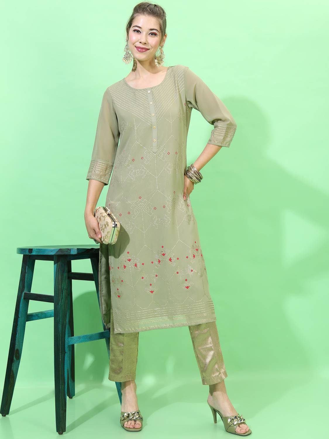 Vishudh Women Printed Cotton Blend Straight Kurta (Light Green)