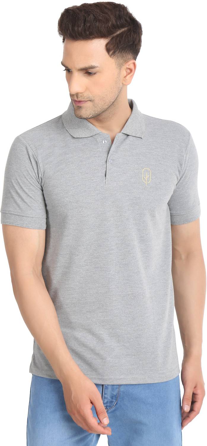 BlueFicus Solid Men Polo Neck Grey T-Shirt