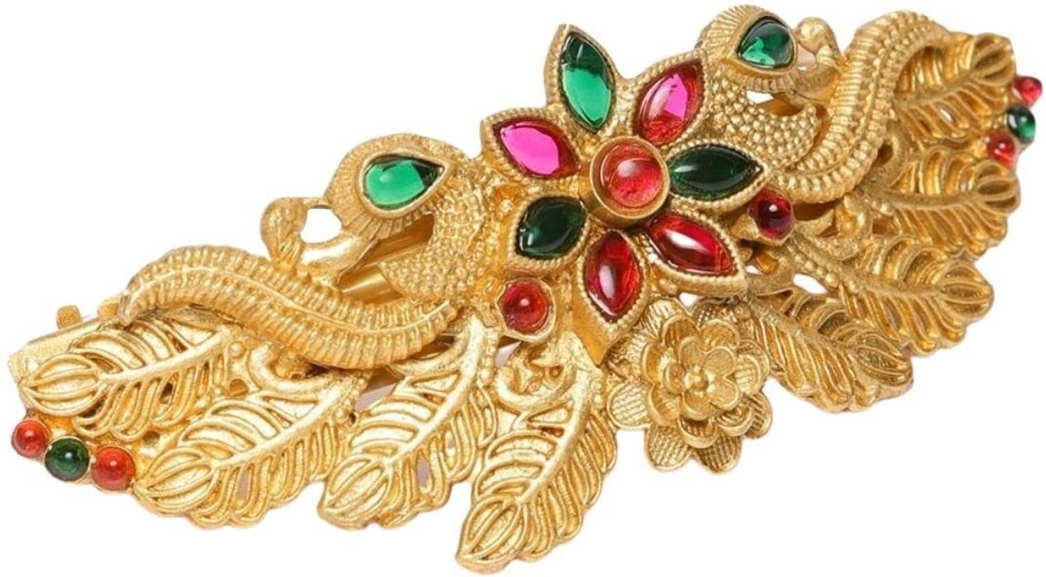 AccessHer Ethnic Traditional Matte Gold Finish Hair Clip with Ruby Green Stones Hair Clip