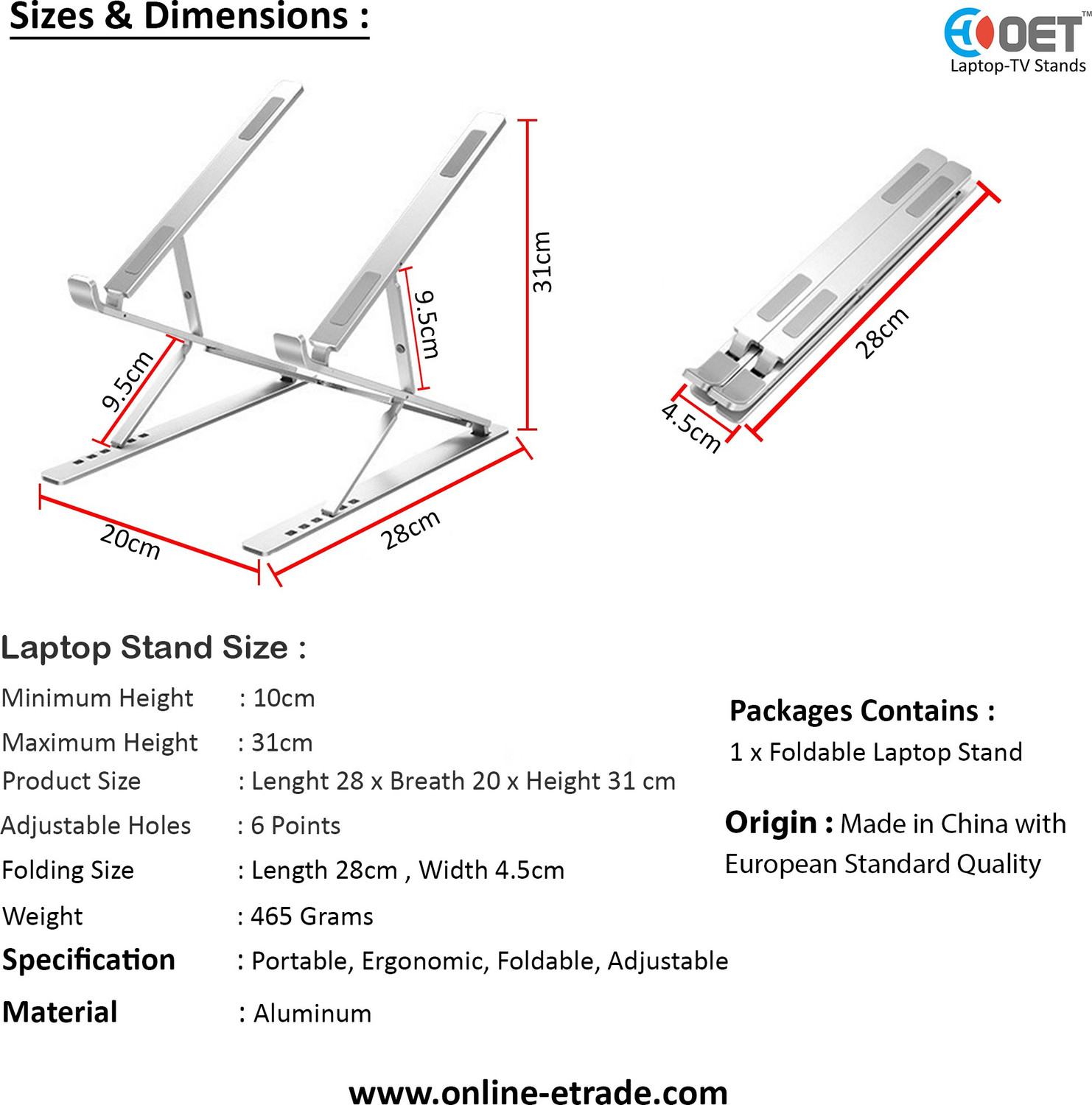 Image of OET European Standard Foldable Aluminium Adjustable Laptop Stand LSTD 06 Aluminium Desk Stand Laptop Stand with Adjustable Height Compatible with Universal Laptops